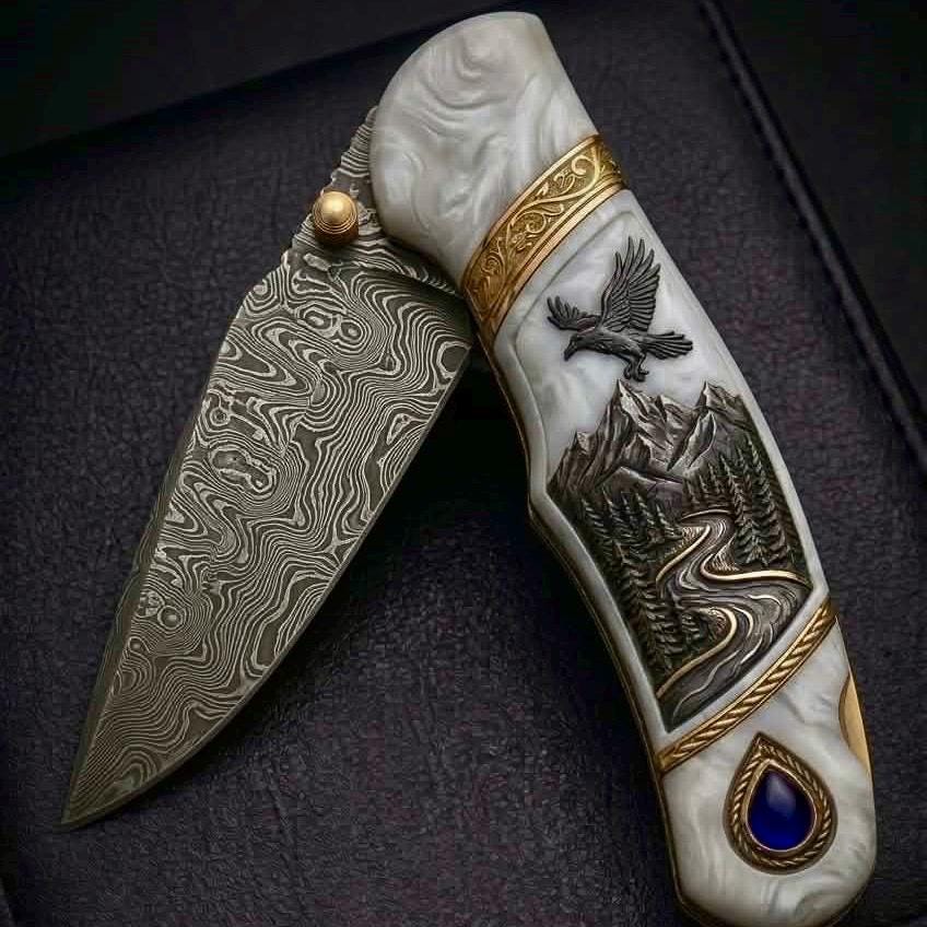 Viking Weapon Replica - Viking Engraved Folding Pocket Tool, Carved Rosewood Handle, 440C Steel