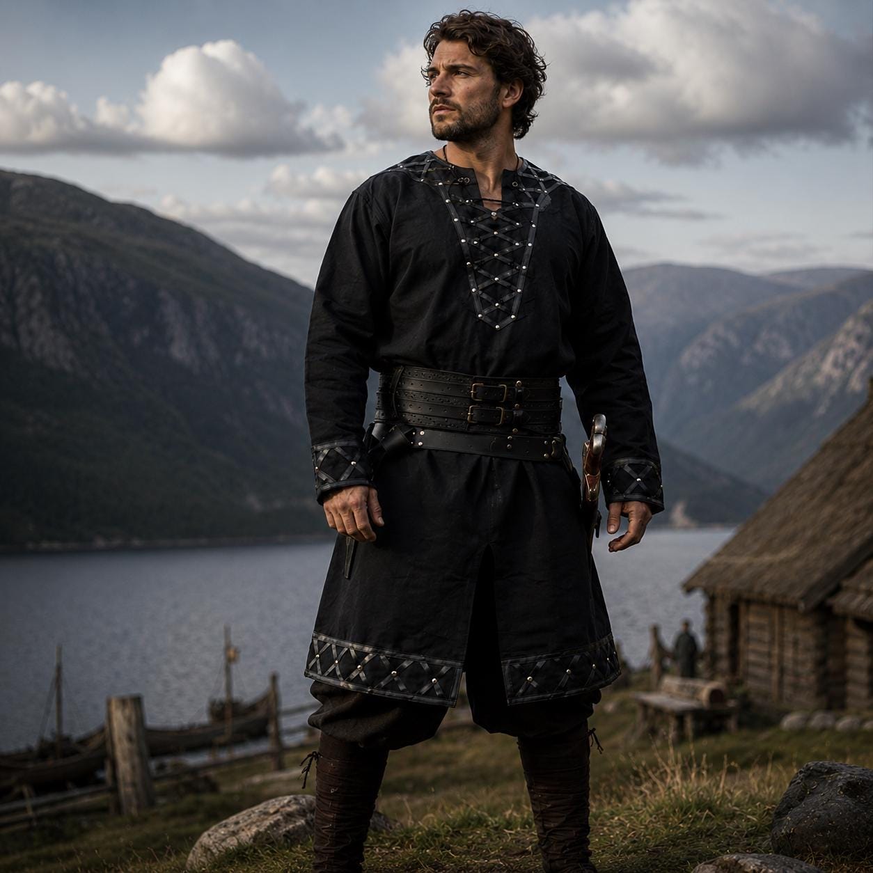 Viking T-Shirt - Green Viking tunic with leather details, Viking tunic for reenactment, LARP, and