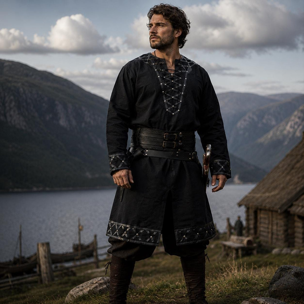 Viking T-Shirt - Green Viking tunic with leather details, Viking tunic for reenactment, LARP, and