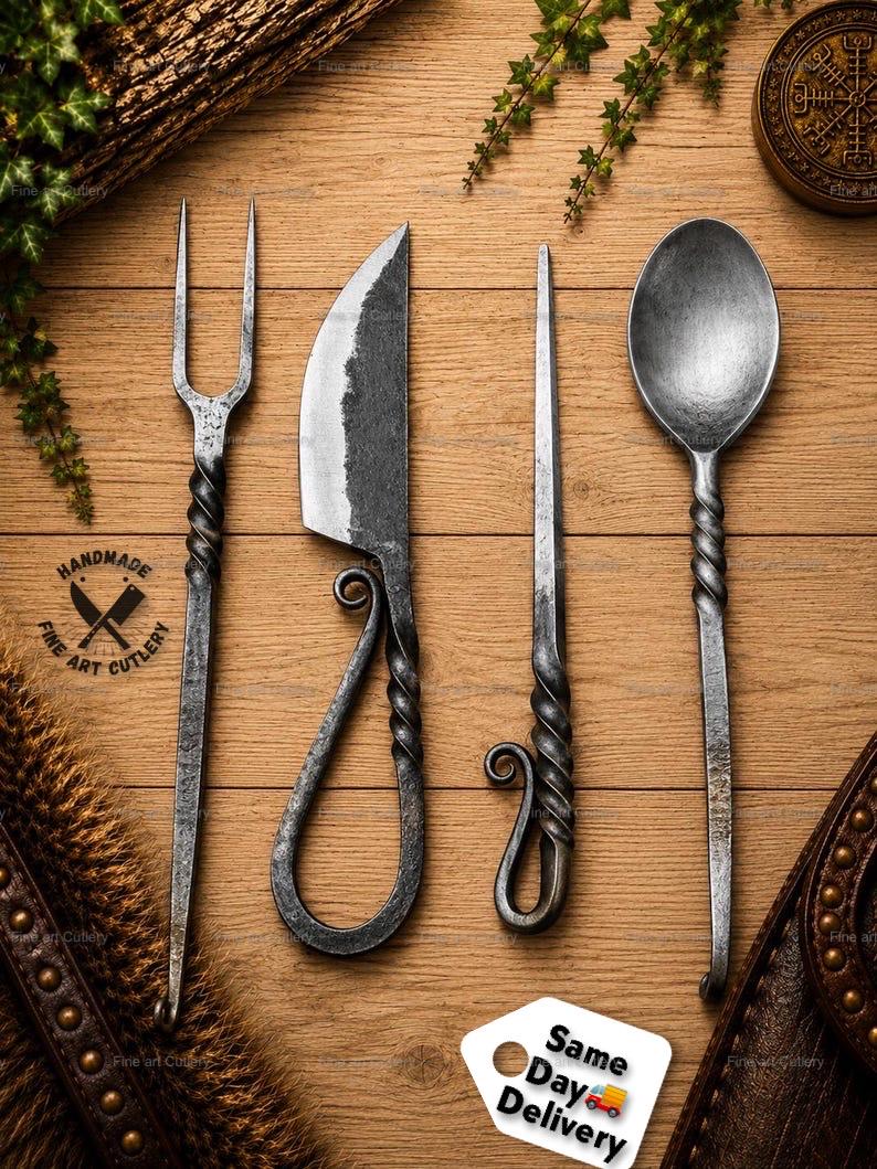 Viking Leather Accessory - Hand Forged Viking Cutlery Set – High Carbon Steel Medieval Utensils Set