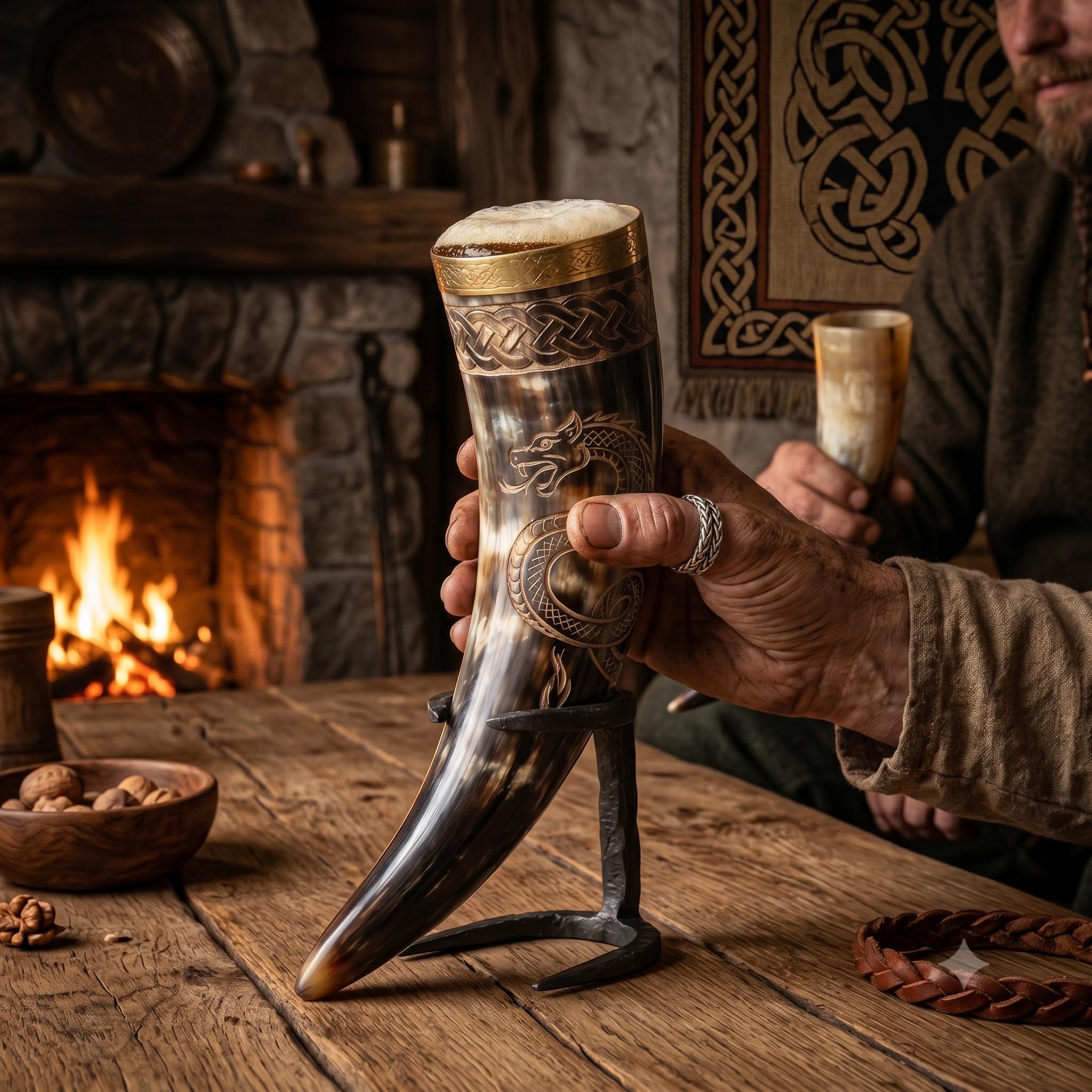 Viking Mug - SCA Viking Fireworks Print Drinking Horn w/ Leather Holster Fireworks Party Sparklers