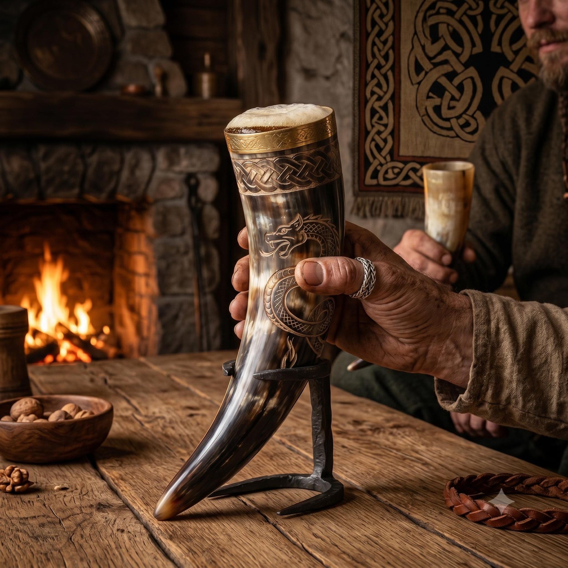 Viking Mug - Viking Drinking Horn Jormungandr Engraved, Handmade Bovine Horn Mug, Norse Mead Horn