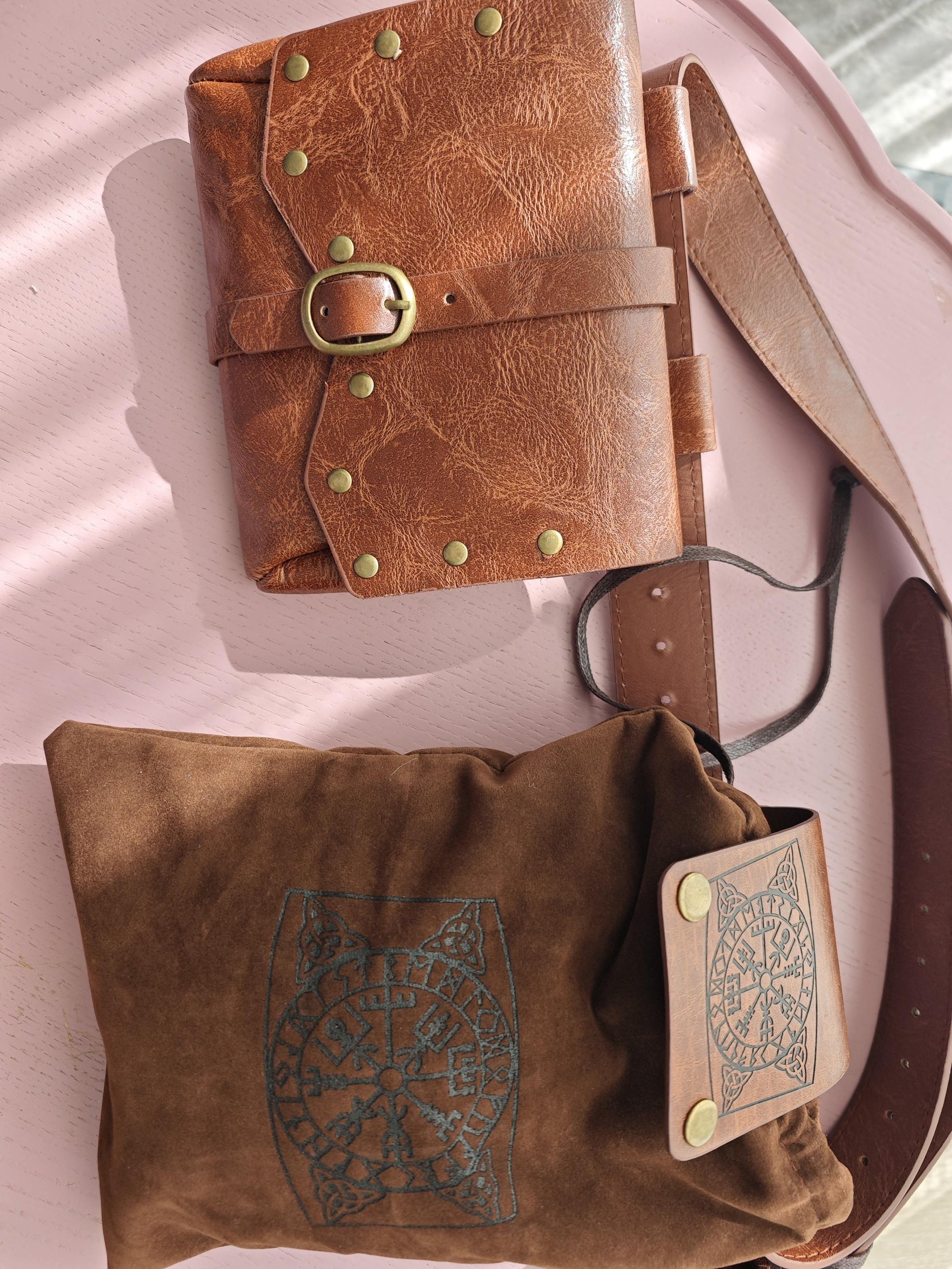 Viking Vegvisir Compass Costume & LARP - 3-Piece Medieval Belt & Pouch Set -Norse Vegvisir Rune