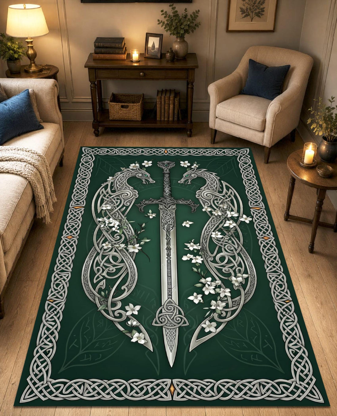 Viking Rug - Celtic Dragon Sword Rug, Viking Knot Carpet, Medieval Fantasy Decor, Gothic Warrior