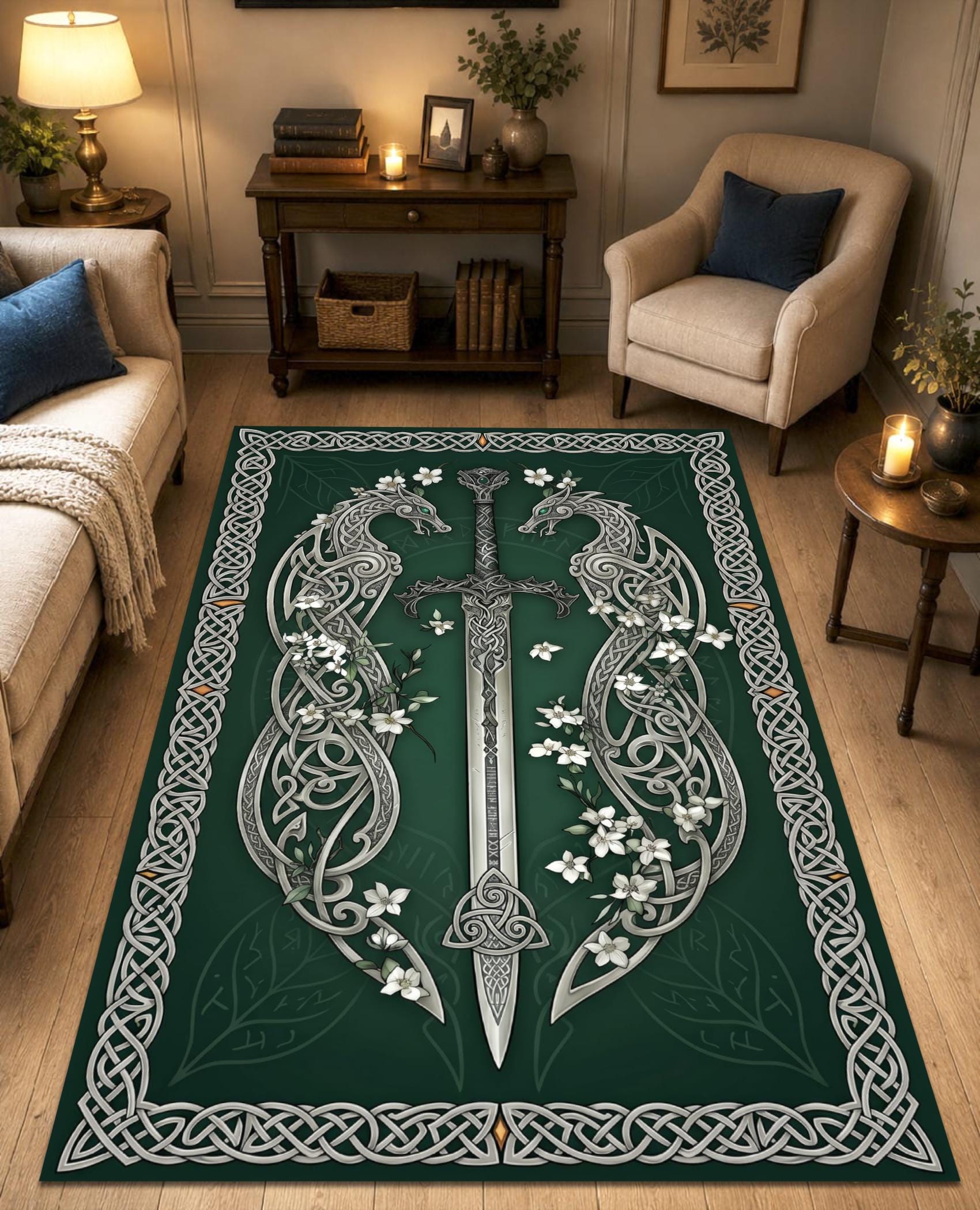 Viking Rug - Celtic Dragon Sword Rug, Viking Knot Carpet, Medieval Fantasy Decor, Gothic Warrior