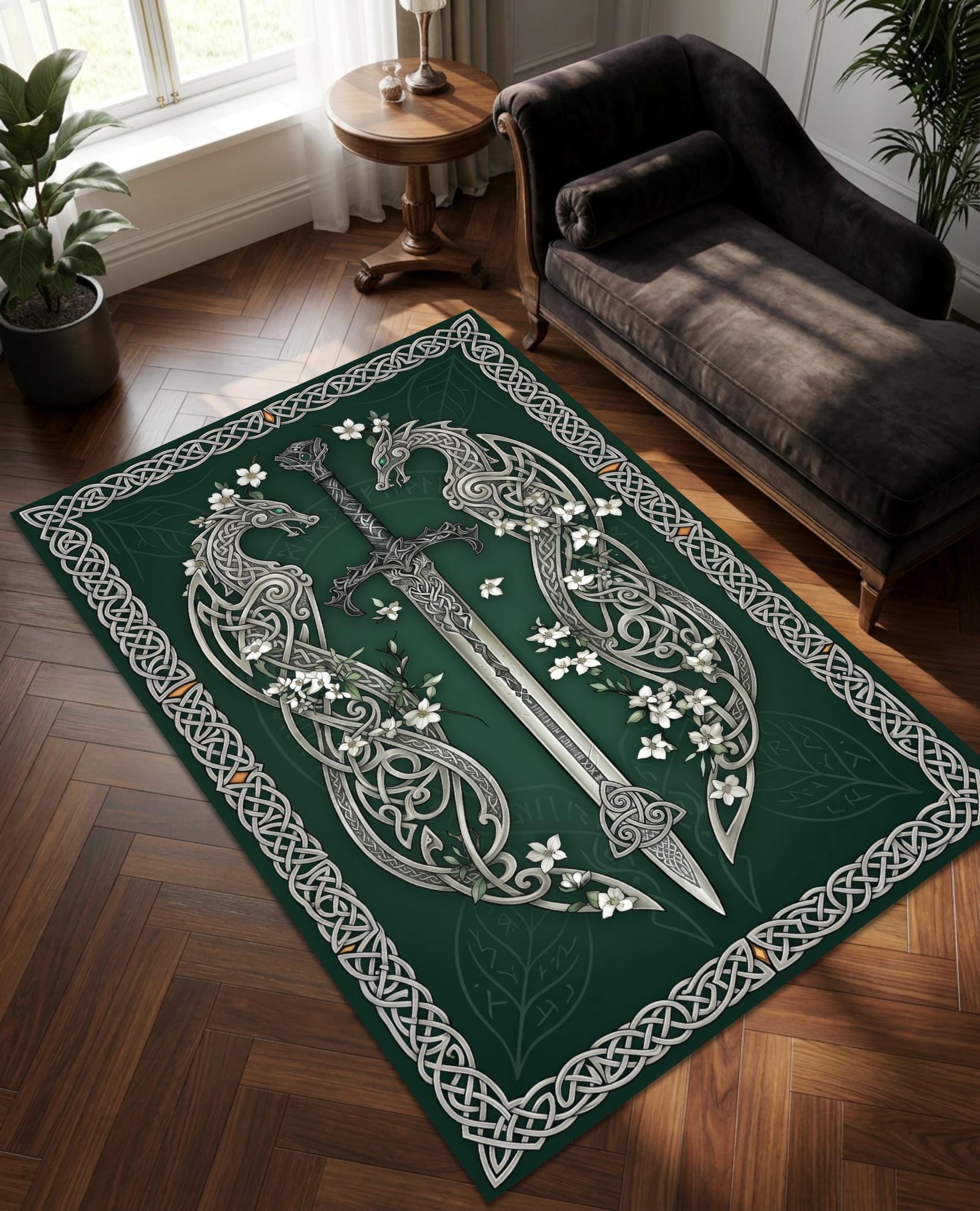 Viking Rug - Celtic Dragon Sword Rug, Viking Knot Carpet, Medieval Fantasy Decor, Gothic Warrior