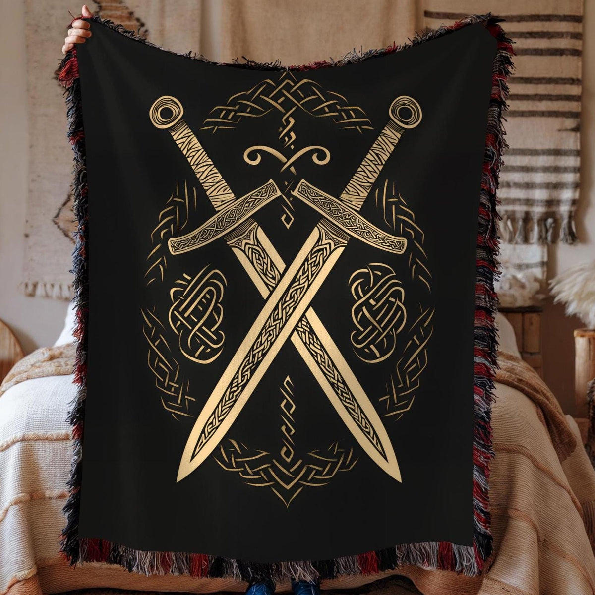 Viking Thor's Hammer Blanket - Viking Longship Woven Blanket, Medieval Norse Mythology Tapestry