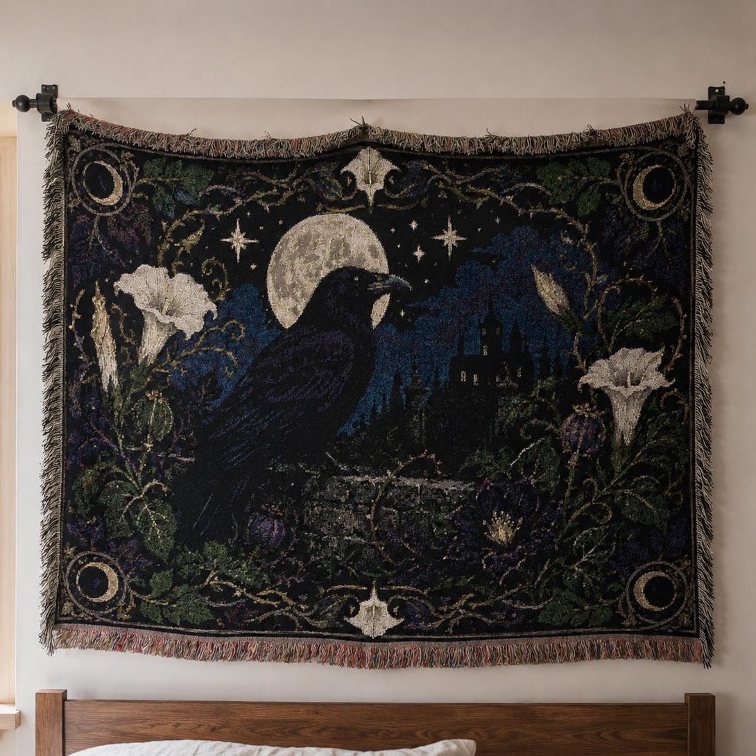 Viking Raven Blanket - Viking Longship Tapestry Wall Hanging Norse Raven Fjord Wall Art Large Wall