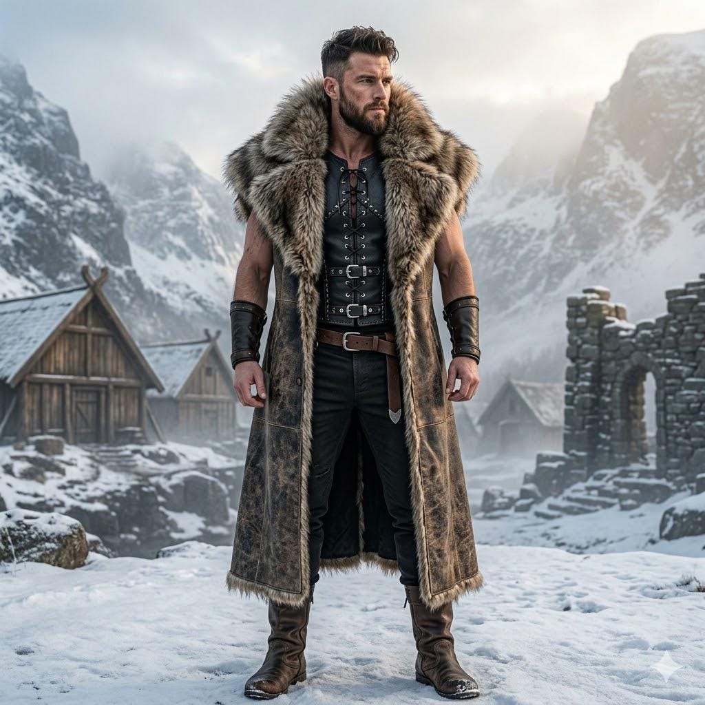 Viking Jacket - Medieval Viking Leather Coat, Fur Collar, Norse Warrior Jacket, Renaissance Fair