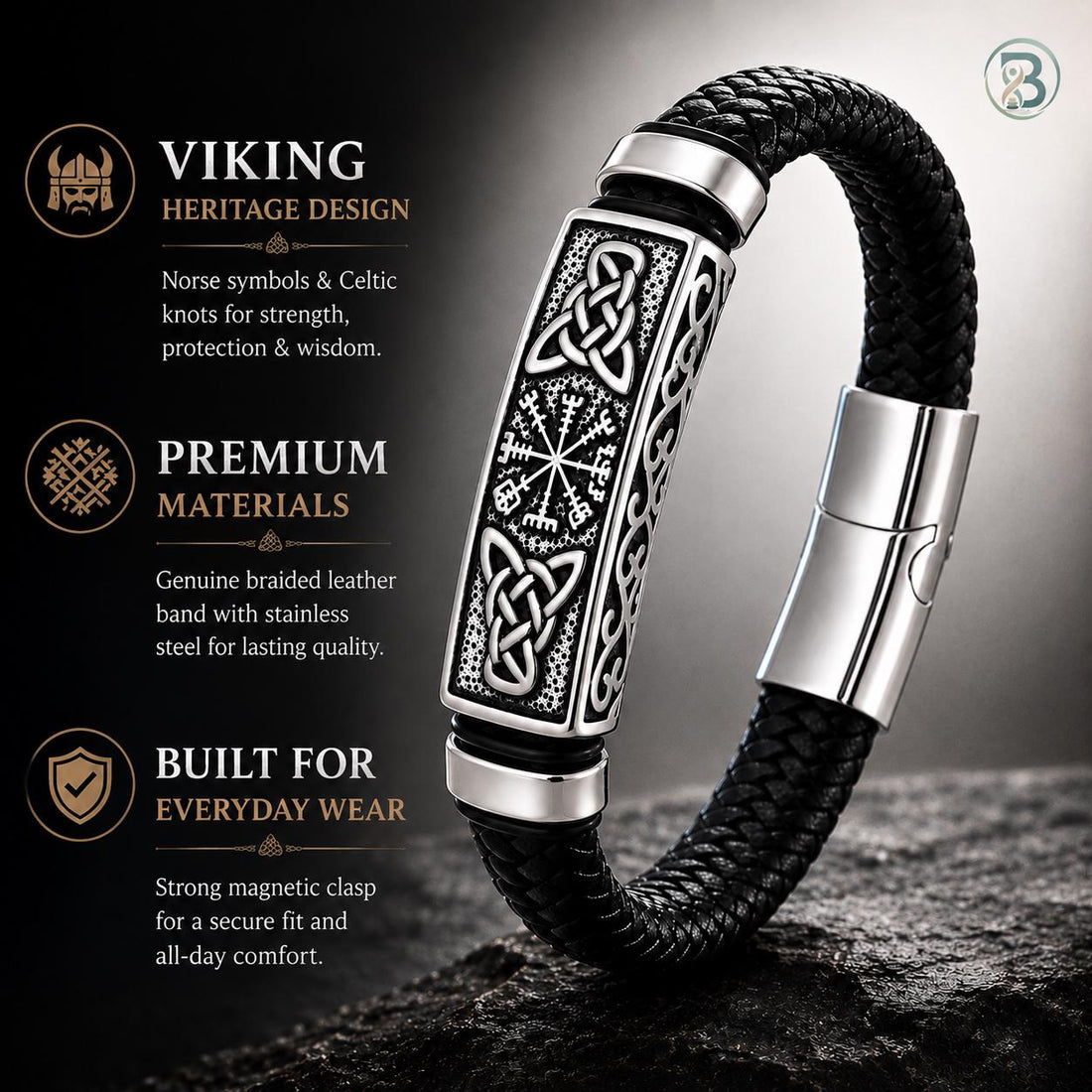 Viking Vegvisir Compass Bracelet - Viking Braided Leather Bracelet – Norse Runes, Celtic Knot