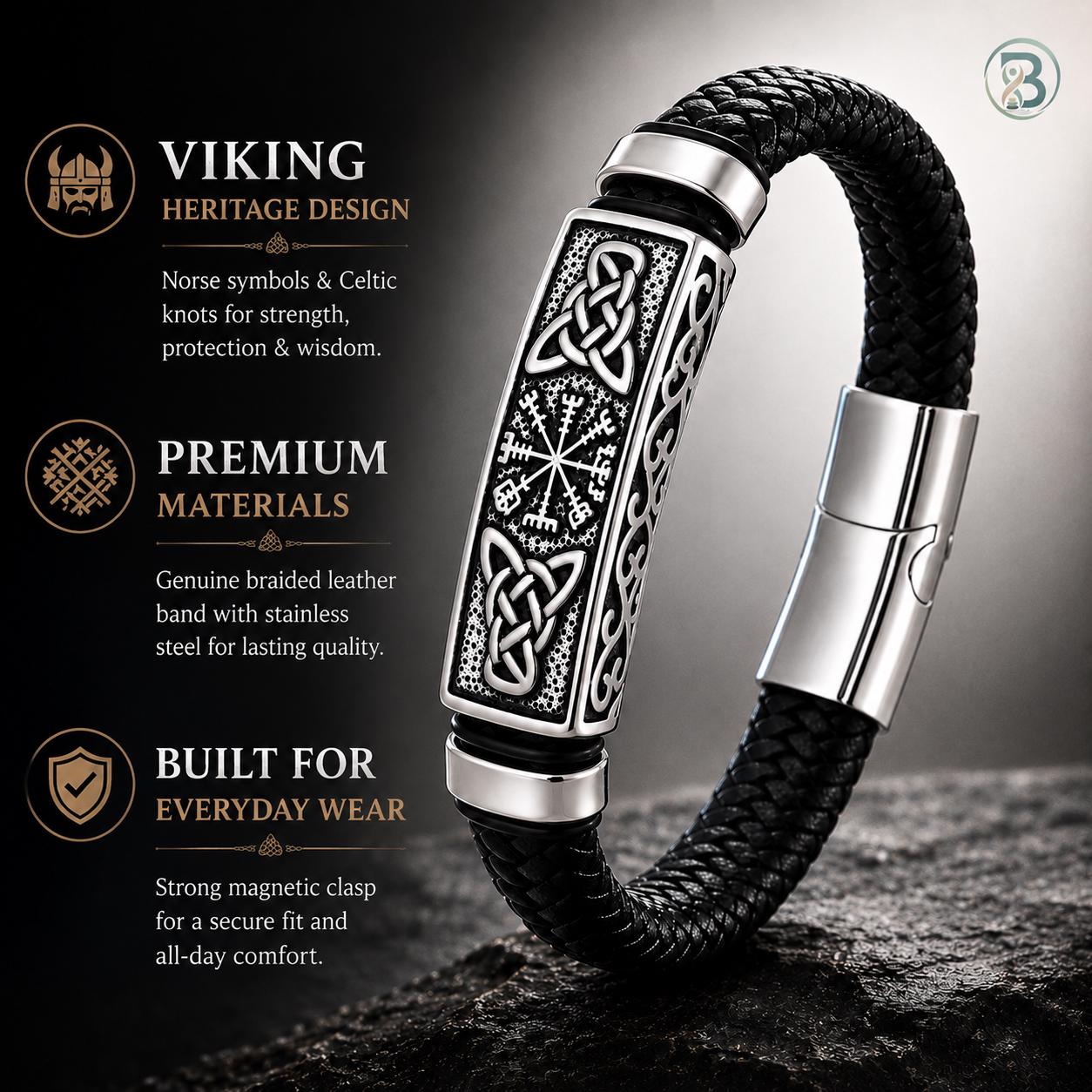 Viking Vegvisir Compass Bracelet - Viking Braided Leather Bracelet – Norse Runes, Celtic Knot