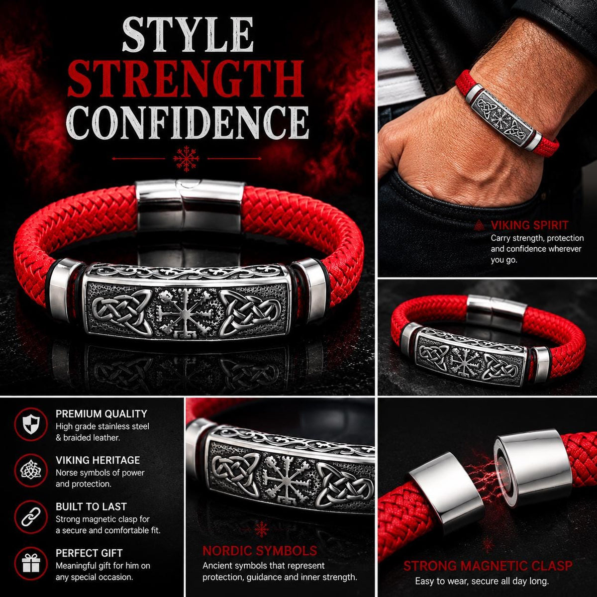 Viking Vegvisir Compass Bracelet - Viking Braided Leather Bracelet – Norse Runes, Celtic Knot