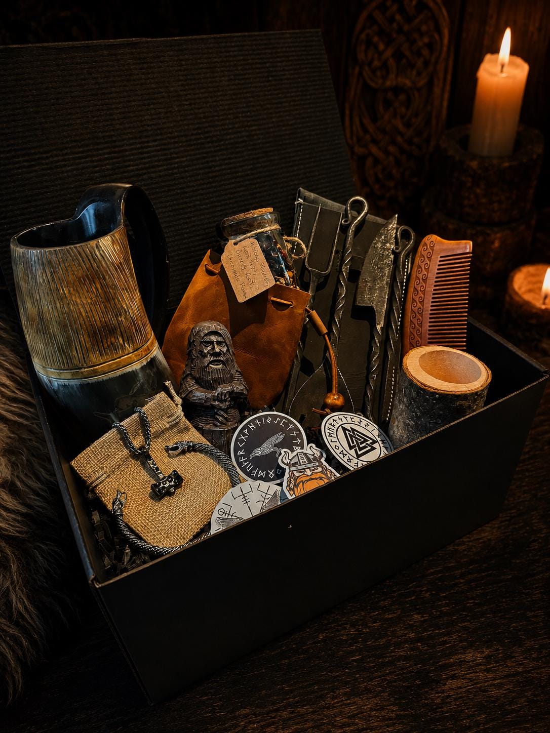 Viking Mug - Viking Gift Box - Horn Mug, Norse God Figurine, Ancient Style Utensils, Norse