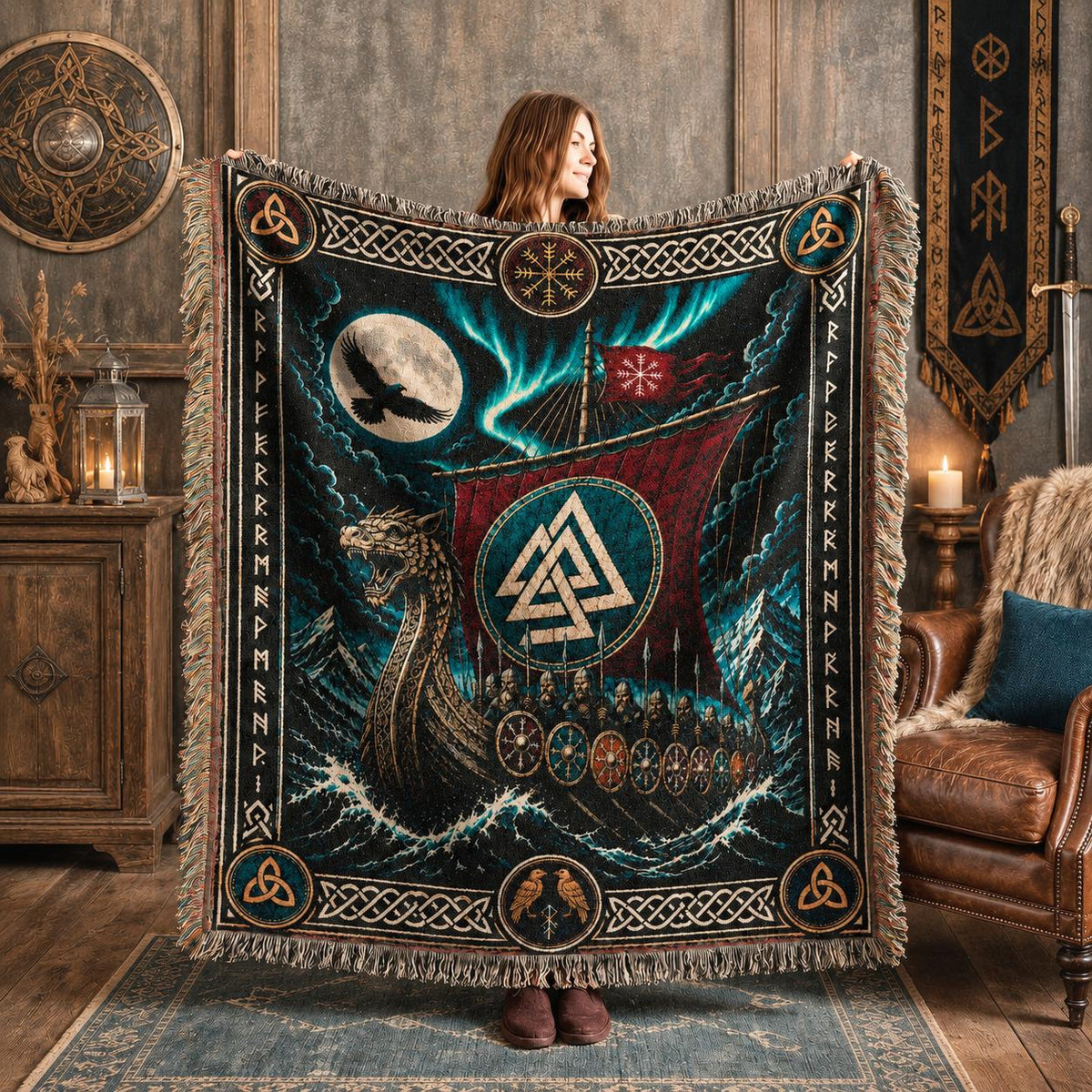 Viking Thor's Hammer Blanket - Viking Longship Woven Blanket, Medieval Norse Mythology Tapestry
