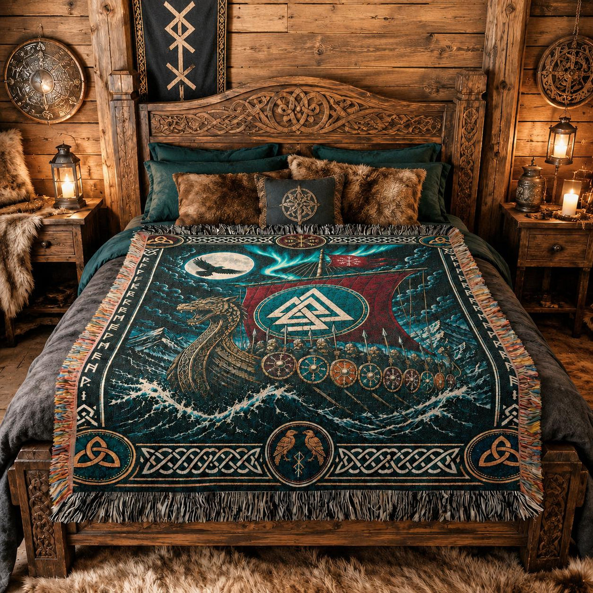 Viking Blanket - Viking Ship Woven Blanket, Norse Wall Art, Man Cave Decor, Gift for Him