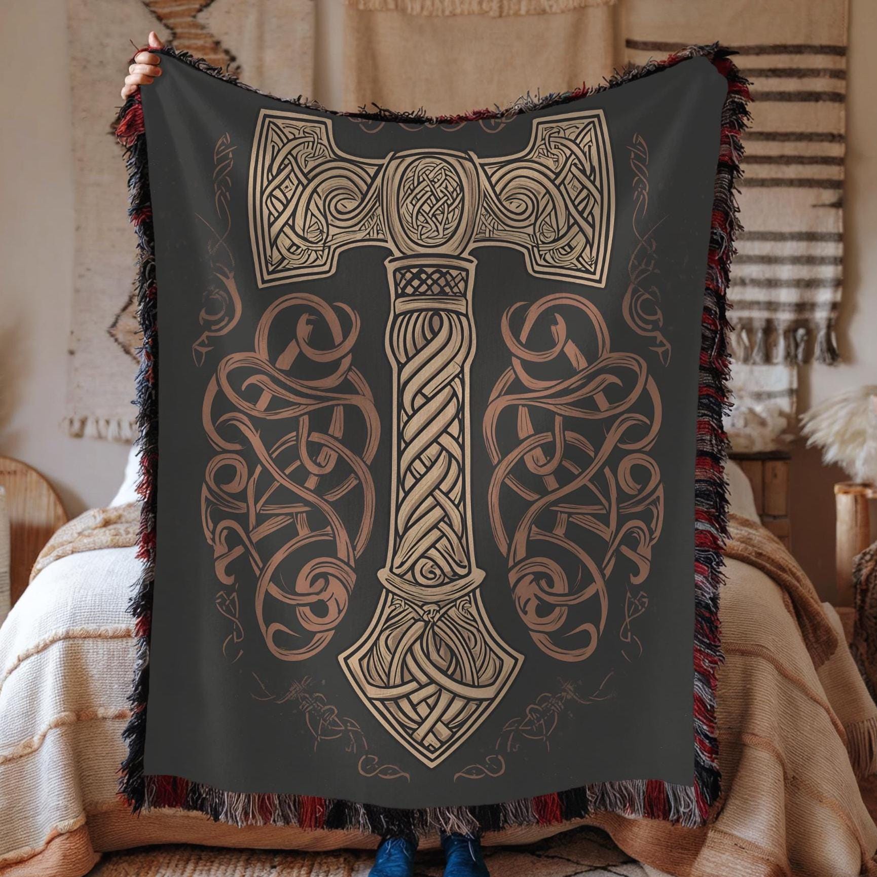 Viking Raven Blanket - Viking Axes Woven Throw Blanket, Norse Raven Celtic Knot Tapestry, Medieval