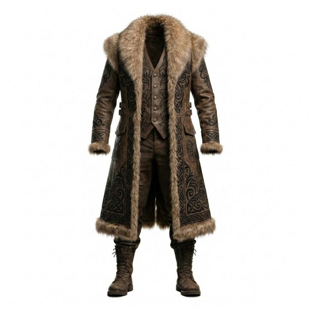 Viking Jacket - Viking Fur Leather Coat for Men, Norse Warrior Long Jacket, Medieval Fantasy