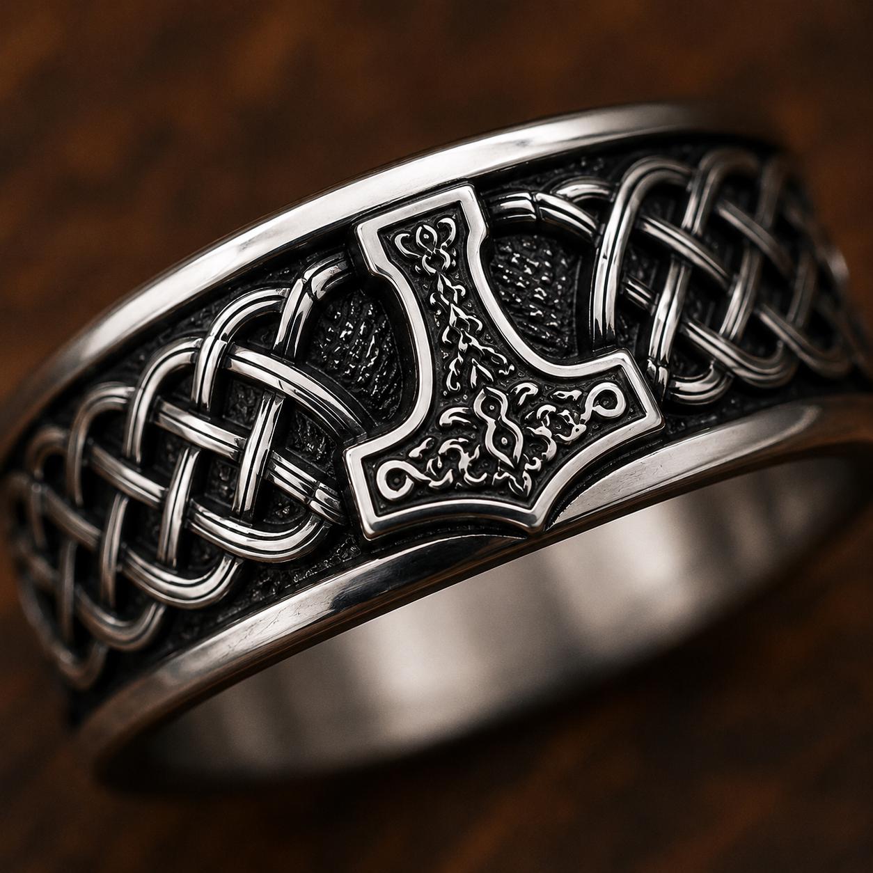 Viking Thor's Hammer Ring - Sterling Silver Hammer of Thor Ring, Viking Mjolnir Band, Norse