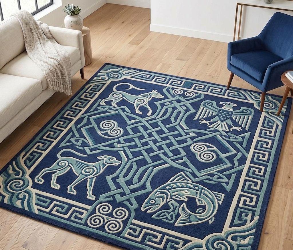 Viking Rug - Hand-Tufted Wool Rug, Celtic, Nordic Animal, Viking Blue Carpet