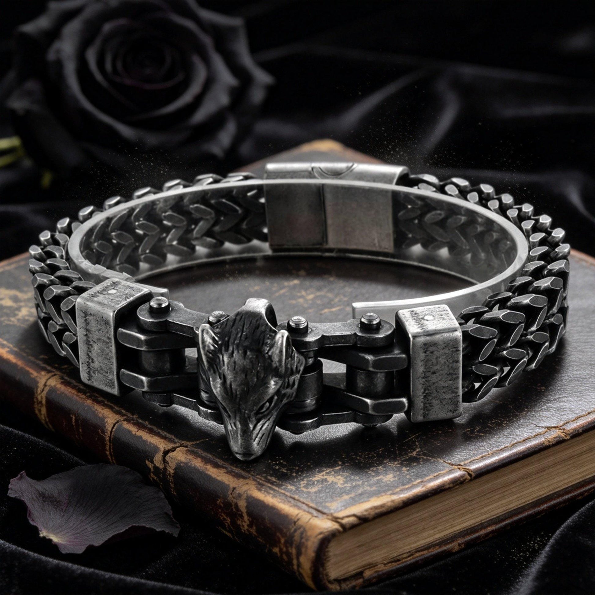 Viking Wolf Bracelet - Vintage Heavy-Duty Distressed Viking Wolf Head Titanium Steel Bracelet /