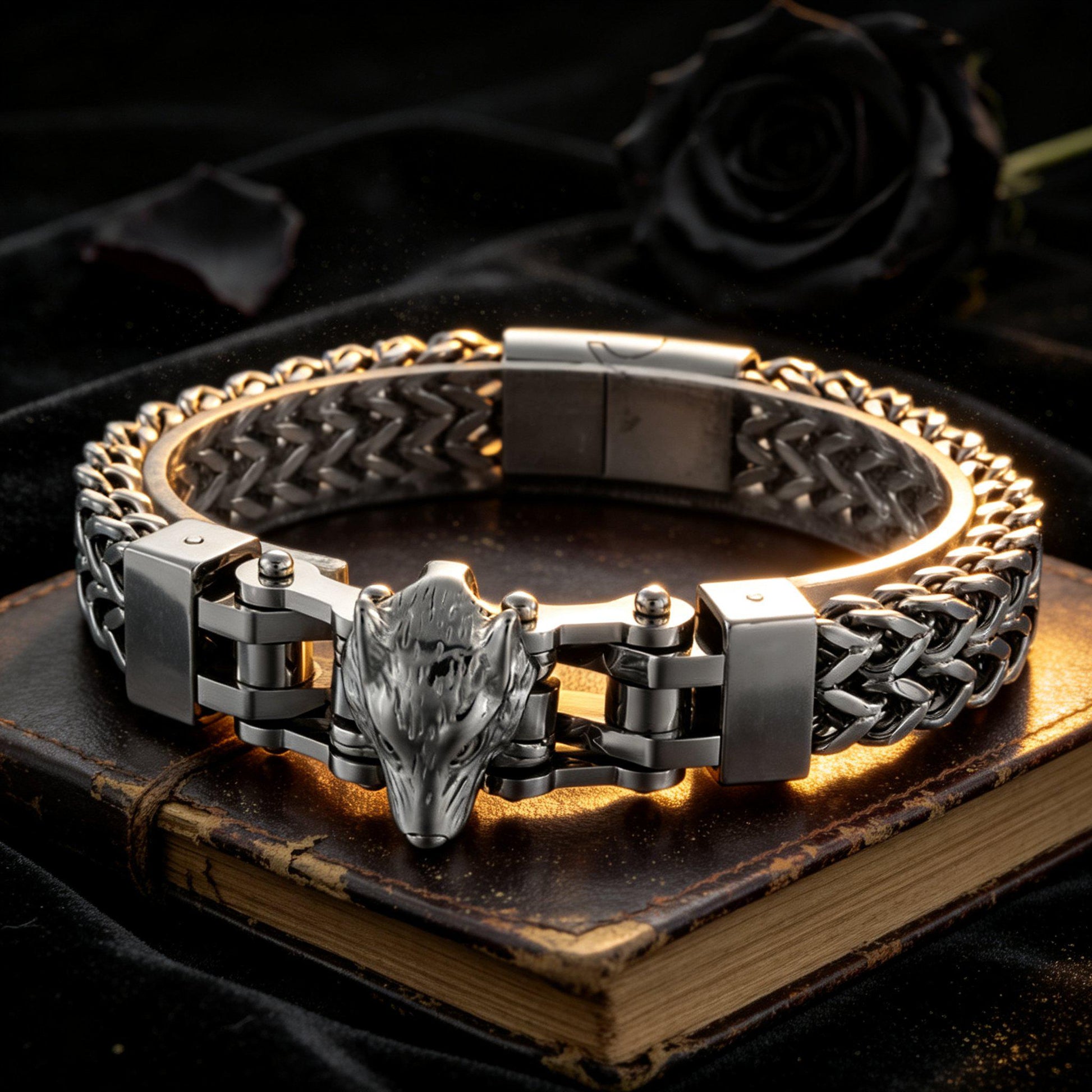 Viking Wolf Bracelet - Vintage Heavy-Duty Distressed Viking Wolf Head Titanium Steel Bracelet /