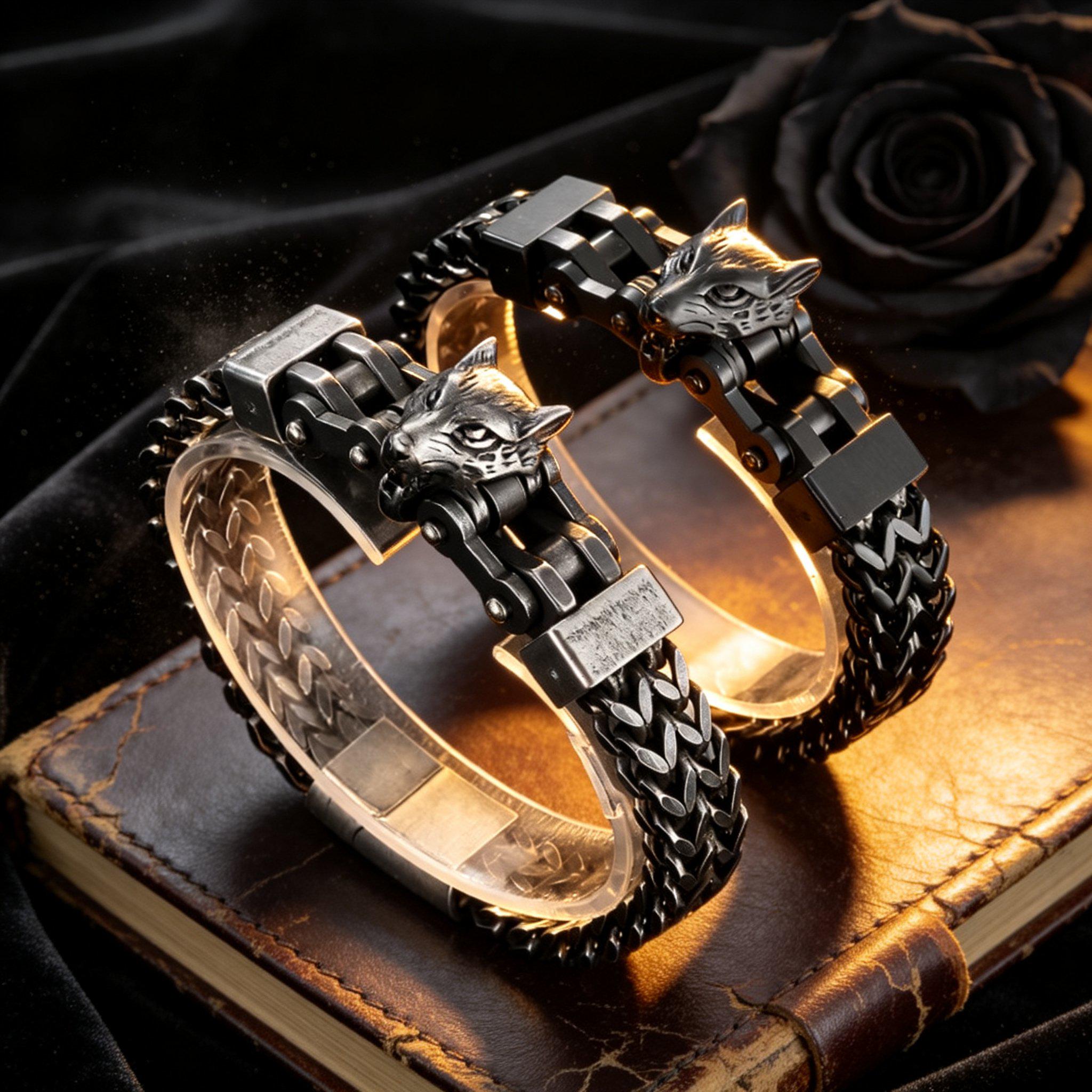 Viking Wolf Bracelet - Vintage Heavy-Duty Distressed Viking Wolf Head Titanium Steel Bracelet /