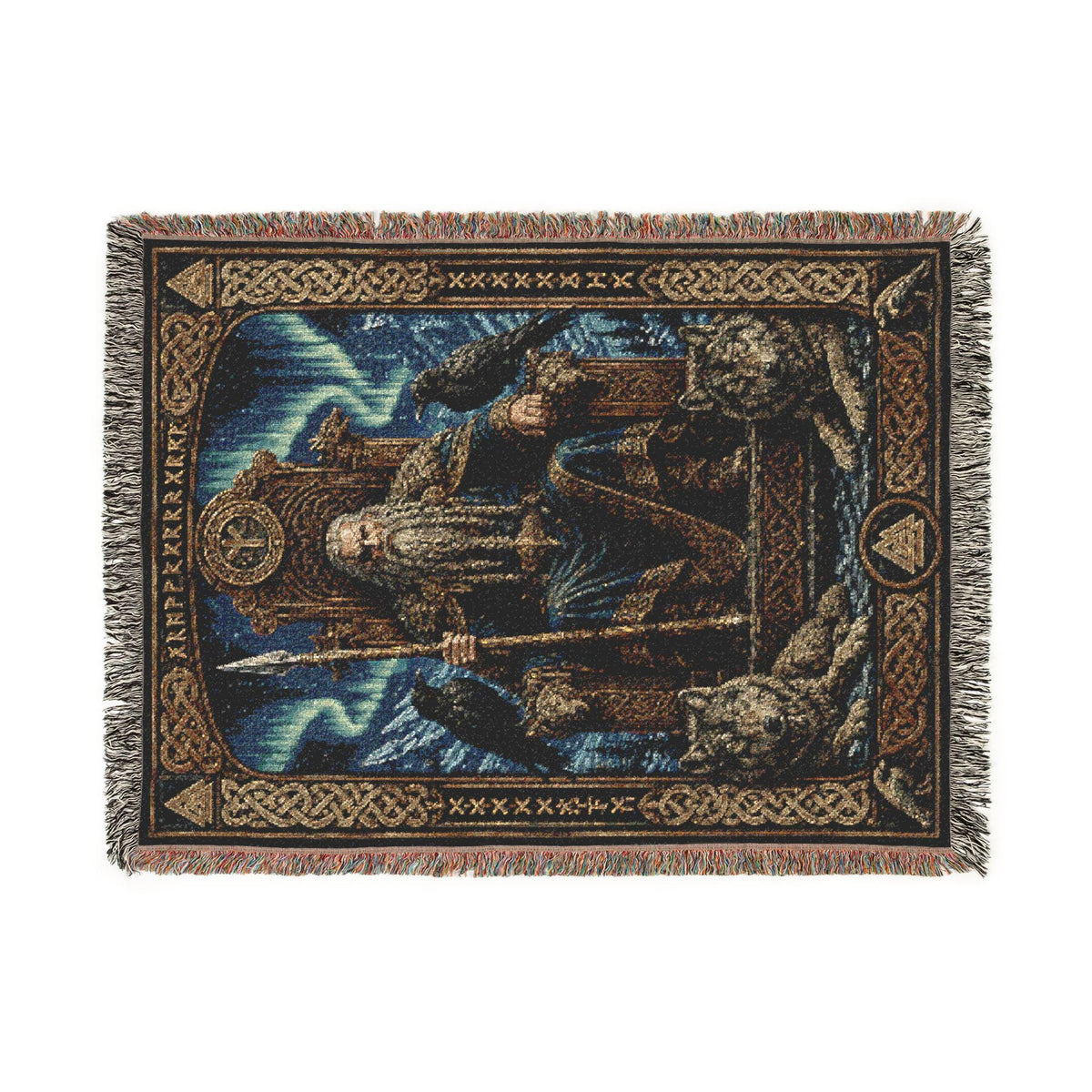 Viking Odin Blanket - Viking Odin Woven Blanket, Norse Mythology Throw, Raven and Wolf Tapestry