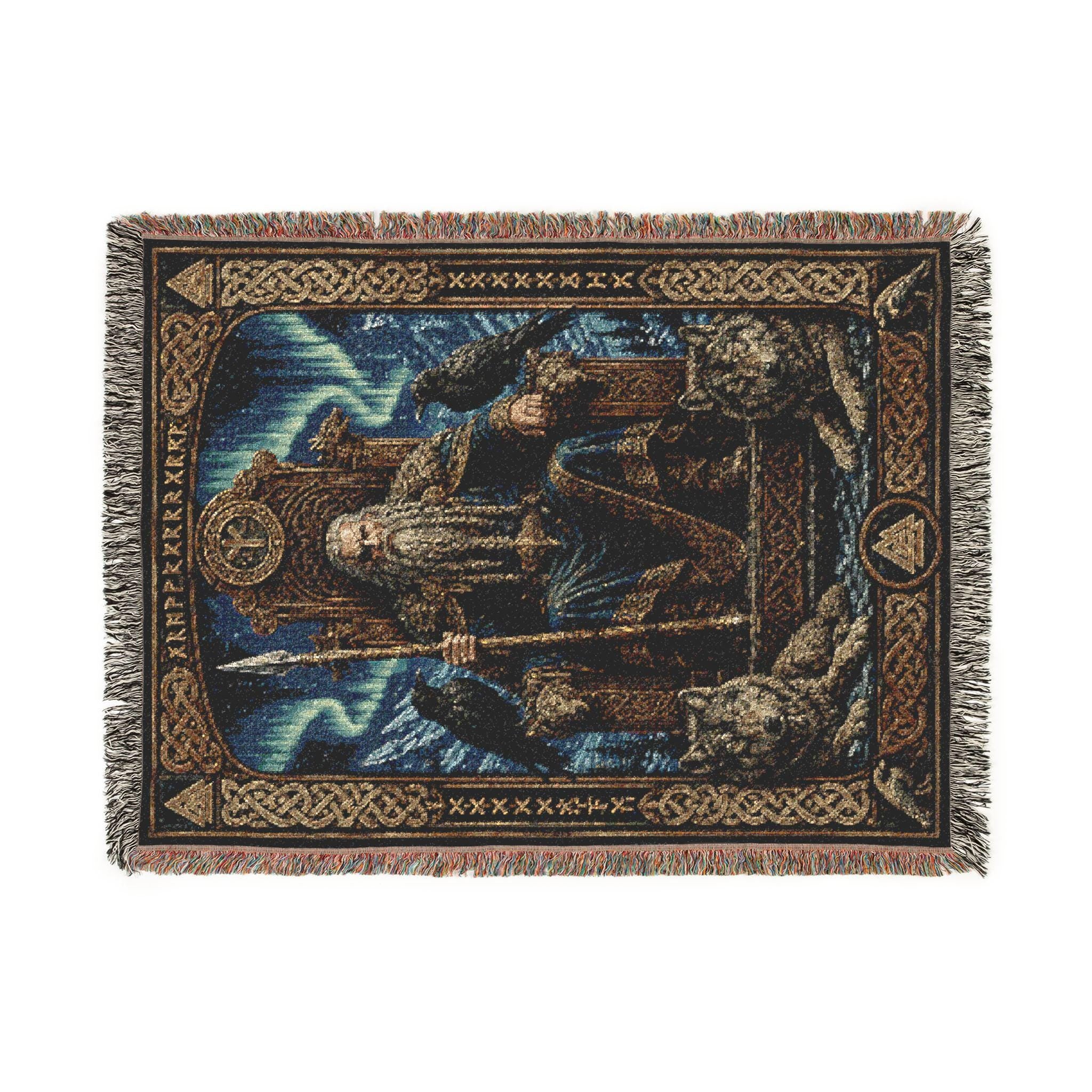 Viking Odin Blanket - Viking Odin Woven Blanket, Norse Mythology Throw, Raven and Wolf Tapestry