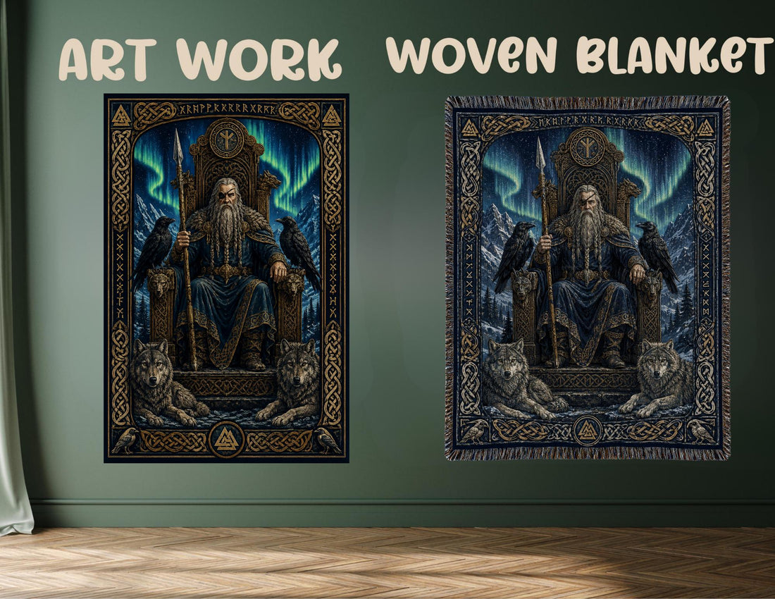 Viking Odin Blanket - Viking Odin Woven Blanket, Norse Mythology Throw, Raven and Wolf Tapestry