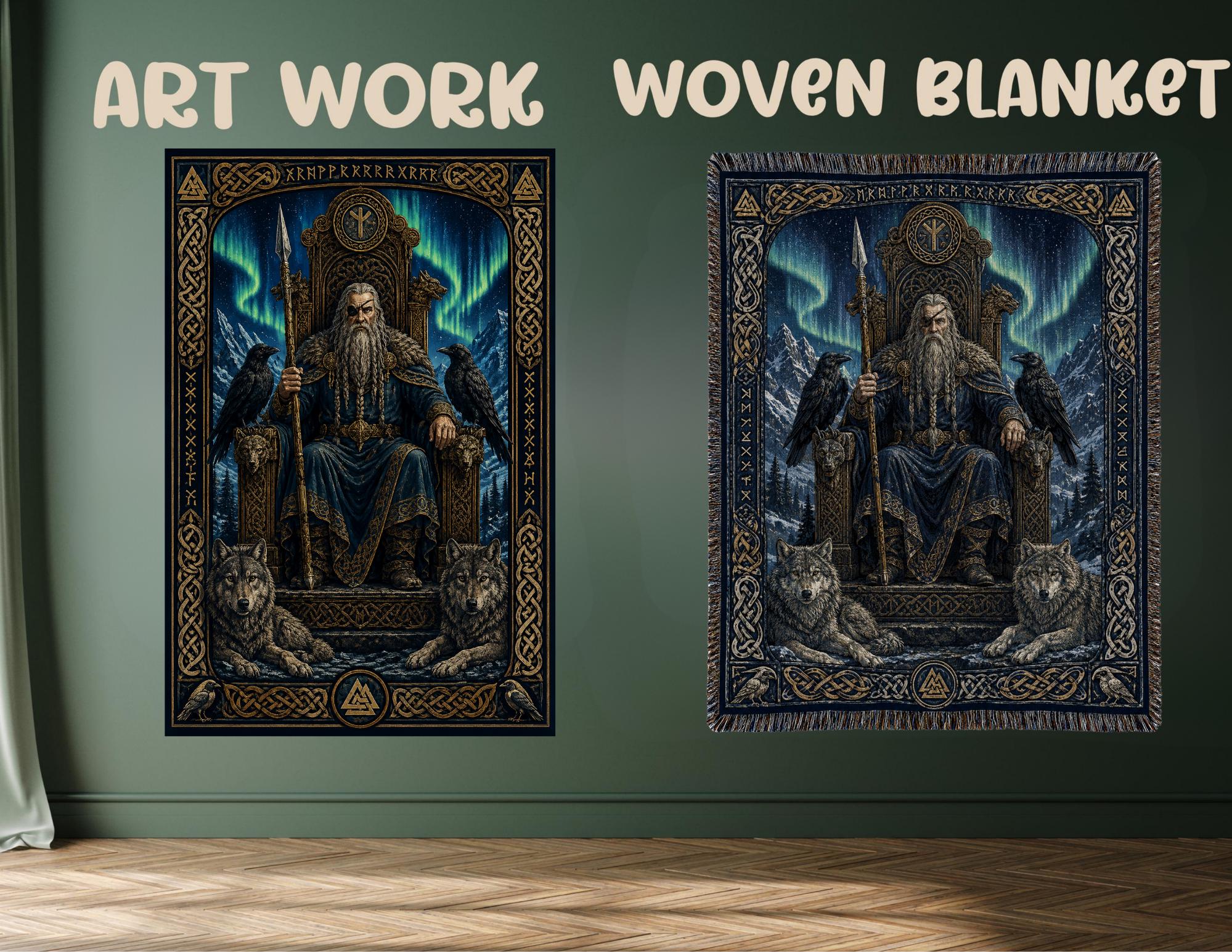 Viking Odin Blanket - Viking Odin Woven Blanket, Norse Mythology Throw, Raven and Wolf Tapestry