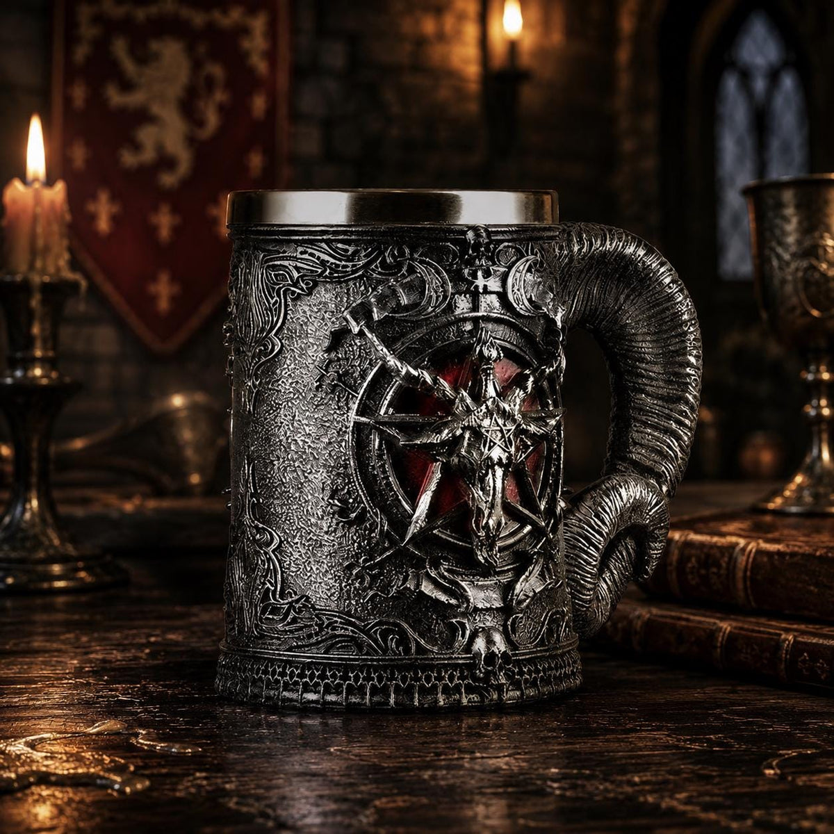 Viking Wolf Mug - Medieval Fantasy Beer Mug – Embossed Ceramic Tankard with Wolf Crest, Large