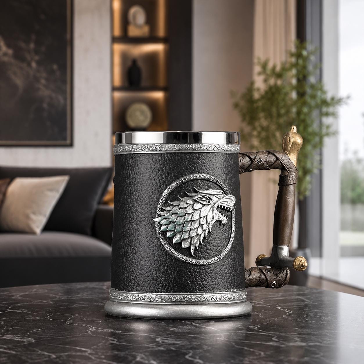 Viking Wolf Mug - Medieval Fantasy Beer Mug – Embossed Ceramic Tankard with Wolf Crest, Large