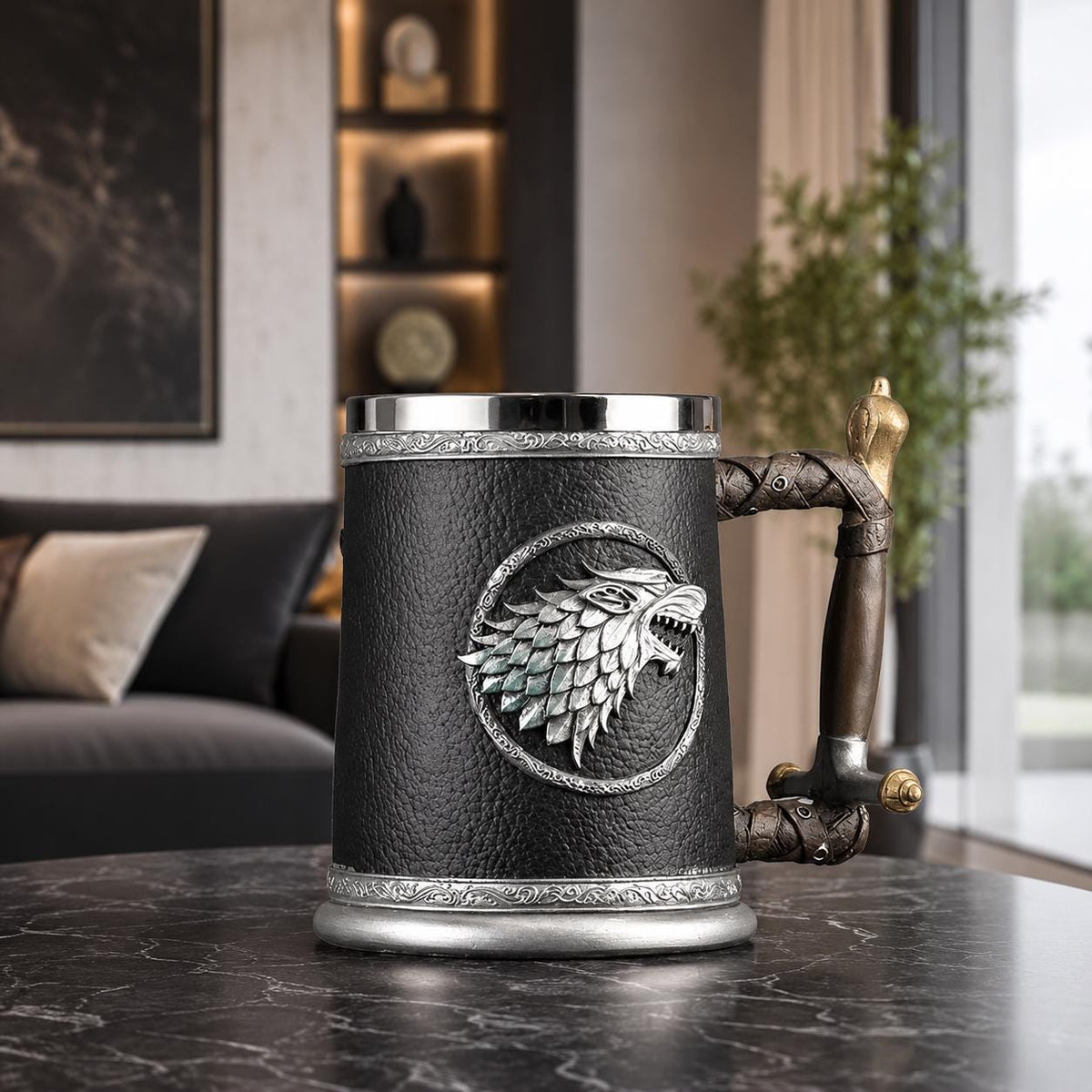 Viking Wolf Mug - Medieval Fantasy Beer Mug – Embossed Ceramic Tankard with Wolf Crest, Large