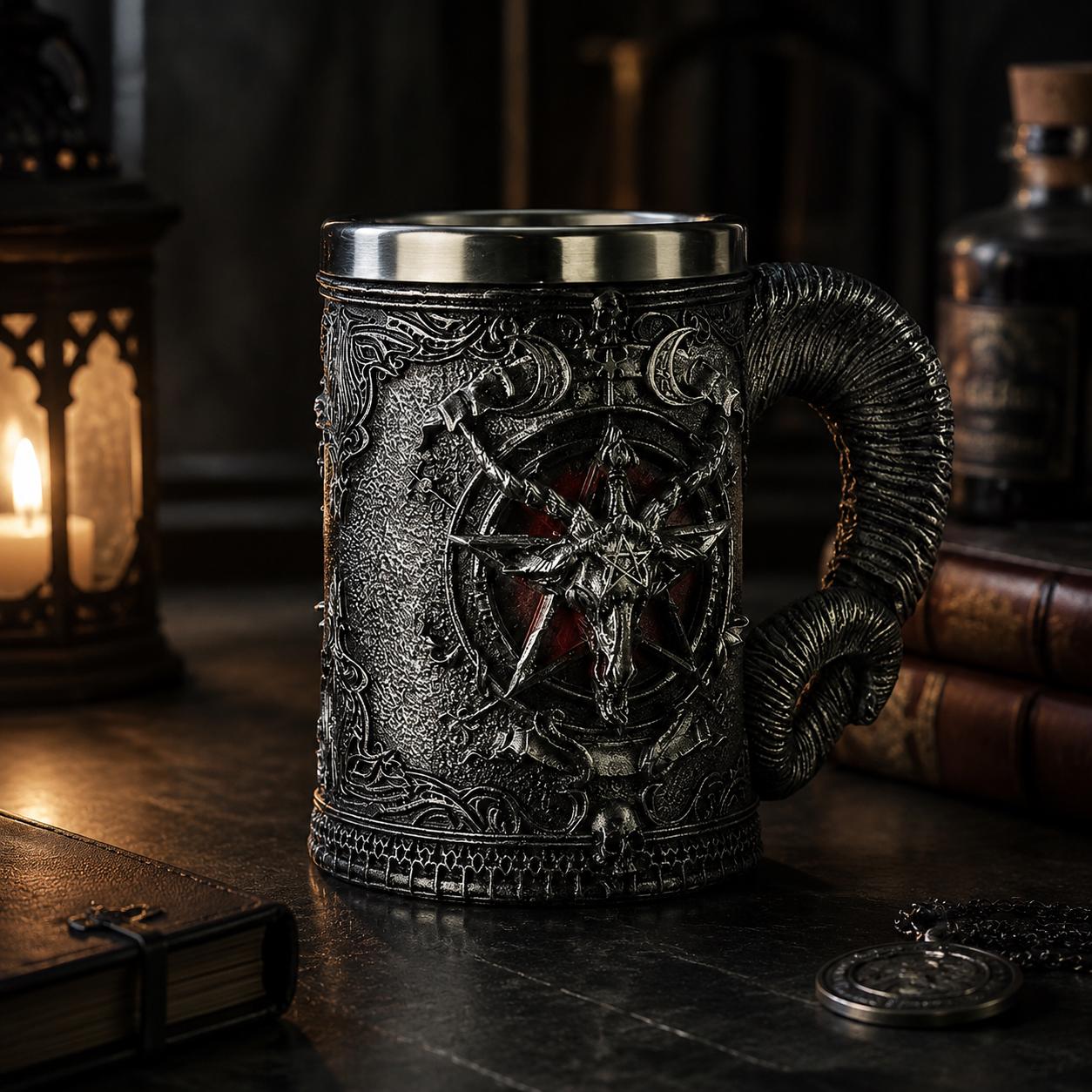Viking Wolf Mug - Medieval Fantasy Beer Mug – Embossed Ceramic Tankard with Wolf Crest, Large