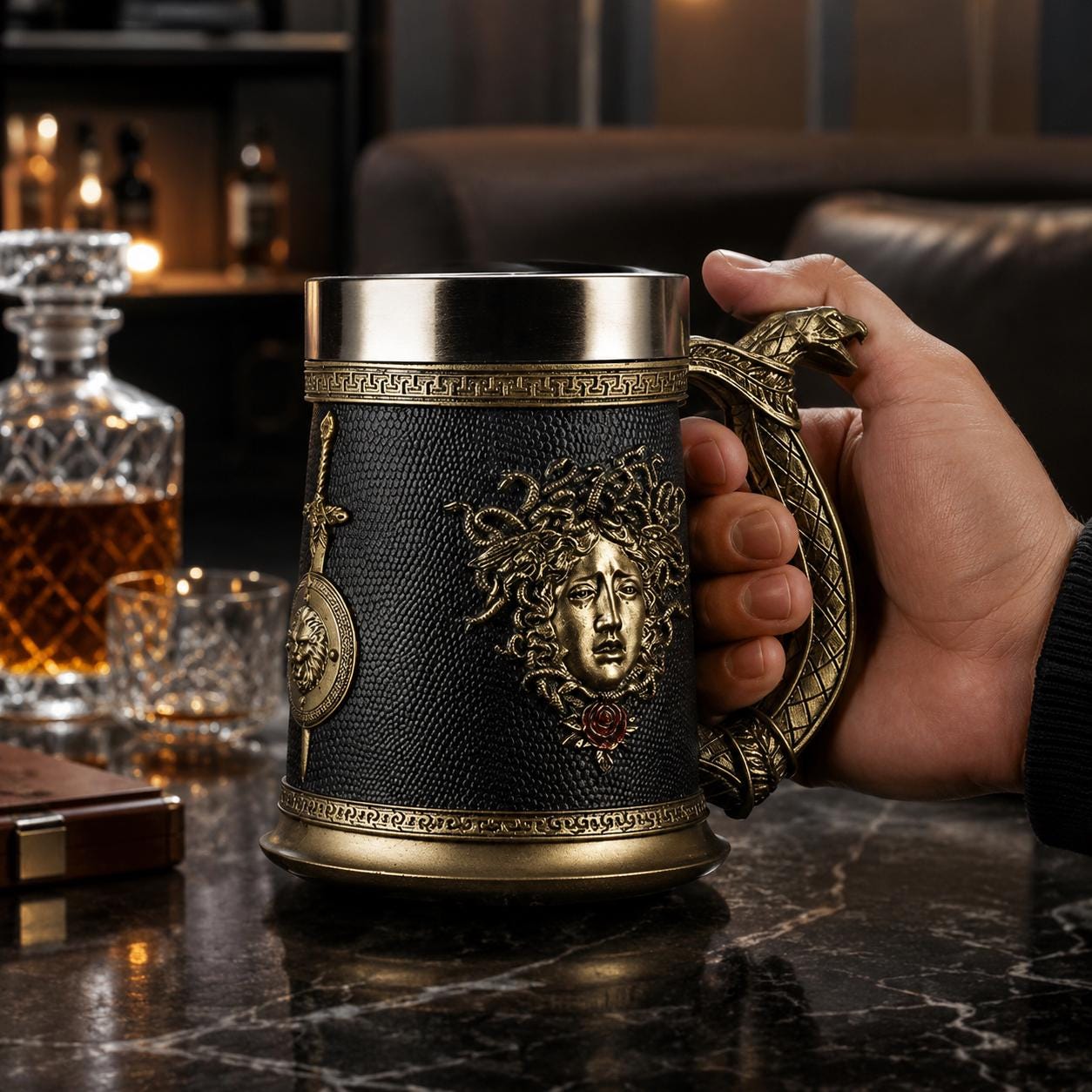 Viking Wolf Mug - Medieval Fantasy Beer Mug – Embossed Ceramic Tankard with Wolf Crest, Large
