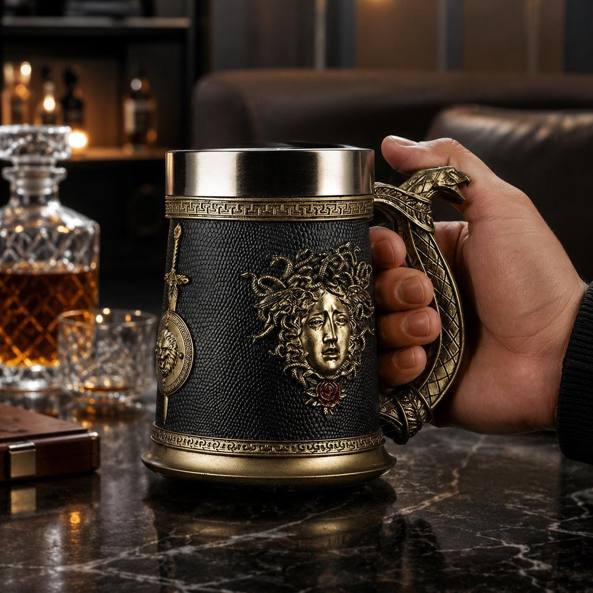 Viking Wolf Mug - Medieval Fantasy Beer Mug – Embossed Ceramic Tankard with Wolf Crest, Large