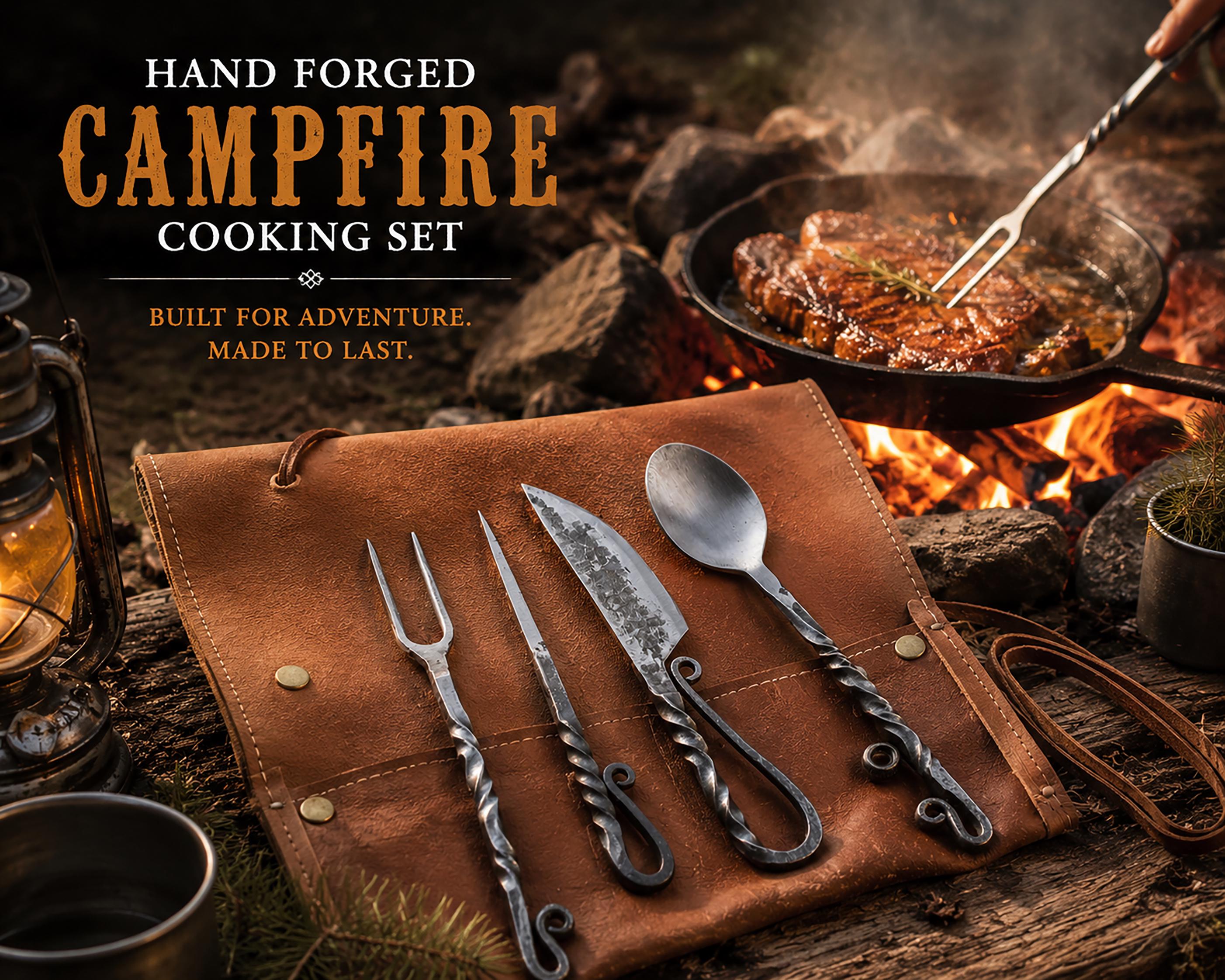 Viking Leather Accessory - Hand Forged Viking Cutlery Set – High Carbon Steel Medieval Utensils Set