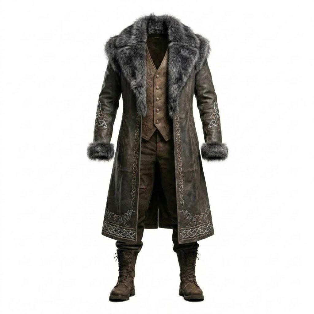 Viking Jacket - Viking Fur Leather Coat for Men, Norse Warrior Long Jacket, Medieval Fantasy