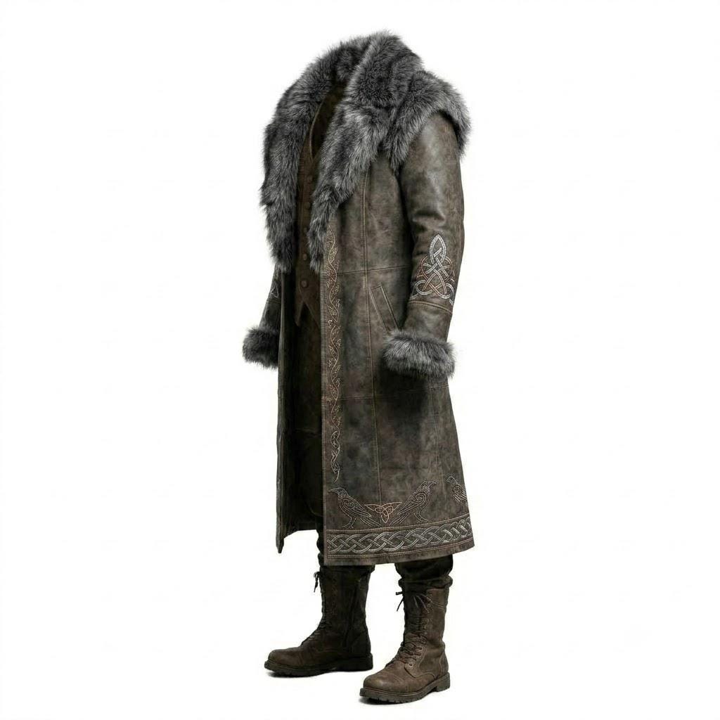 Viking Jacket - Viking Fur Leather Coat for Men, Norse Warrior Long Jacket, Medieval Fantasy