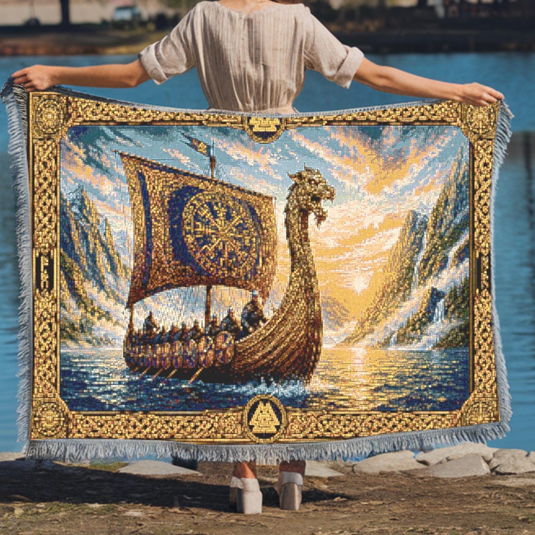 Viking Thor's Hammer Blanket - Viking Longship Woven Blanket, Medieval Norse Mythology Tapestry