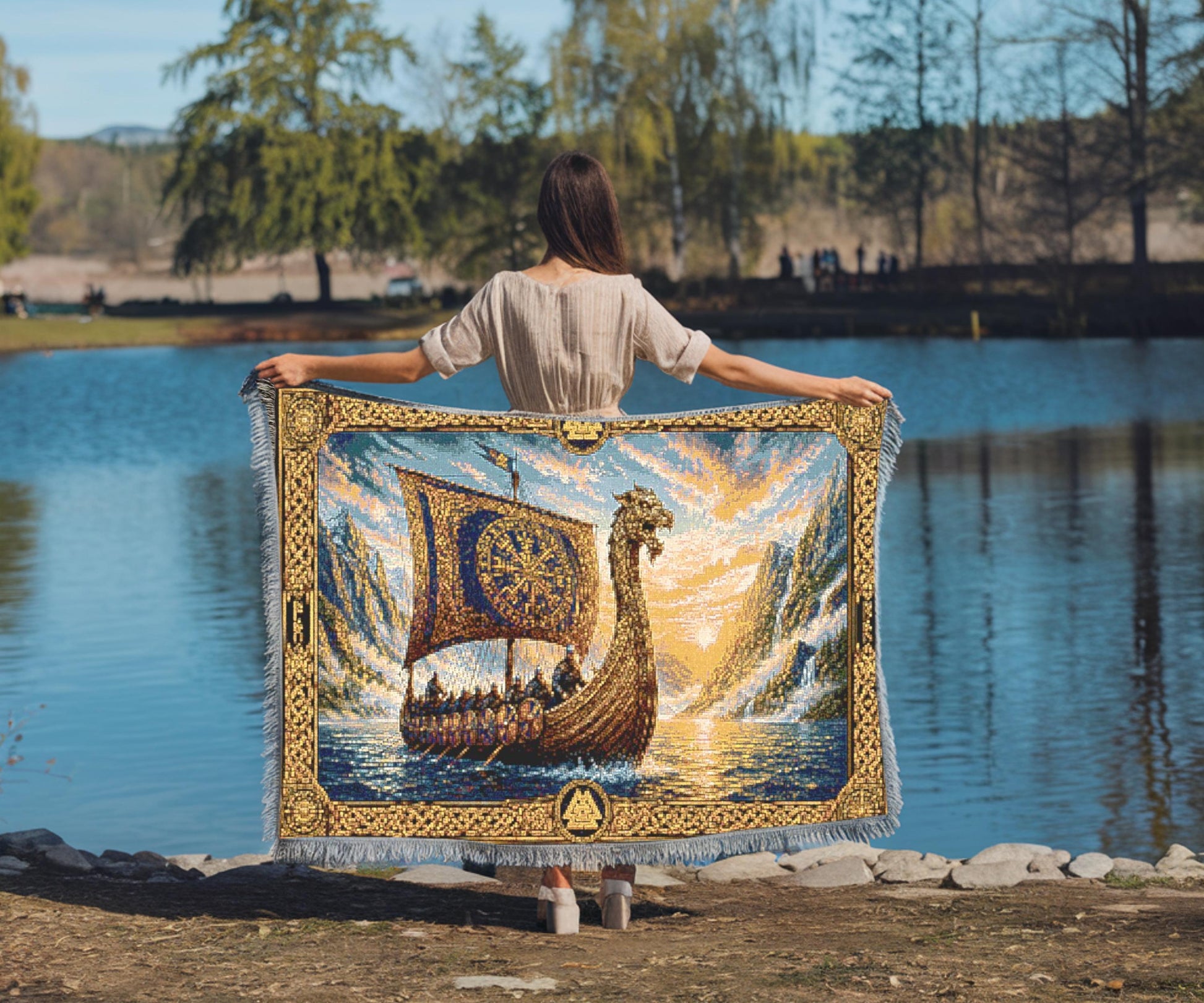 Viking Odin Blanket - Viking Odin Woven Blanket, Norse Mythology Throw, Raven and Wolf Tapestry