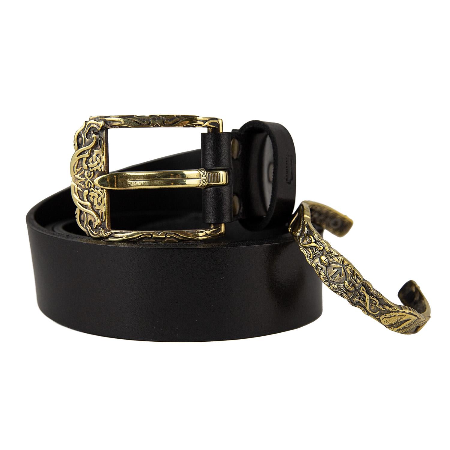 Viking Odin Bracelet - Odin's Wolves Gift Set: Leather Belt with Handmade Solid Brass Viking Buckle