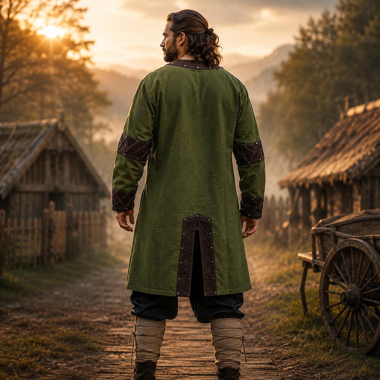 Viking T-Shirt - Green Viking tunic with leather details, Viking tunic for reenactment, LARP, and