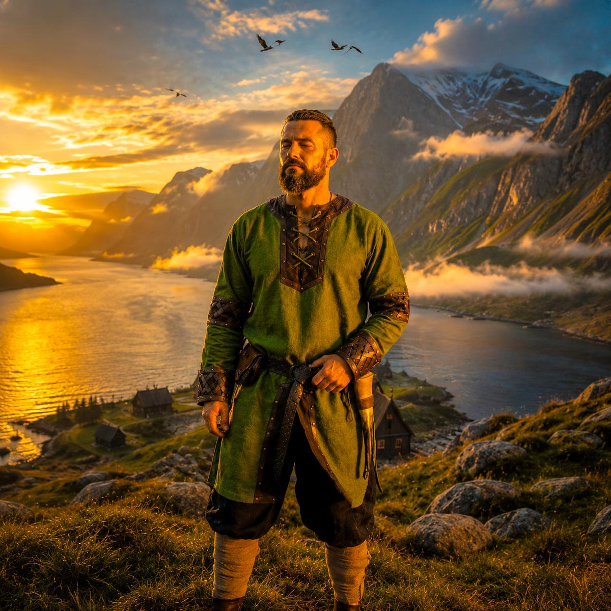 Viking T-Shirt - Green Viking tunic with leather details, Viking tunic for reenactment, LARP, and