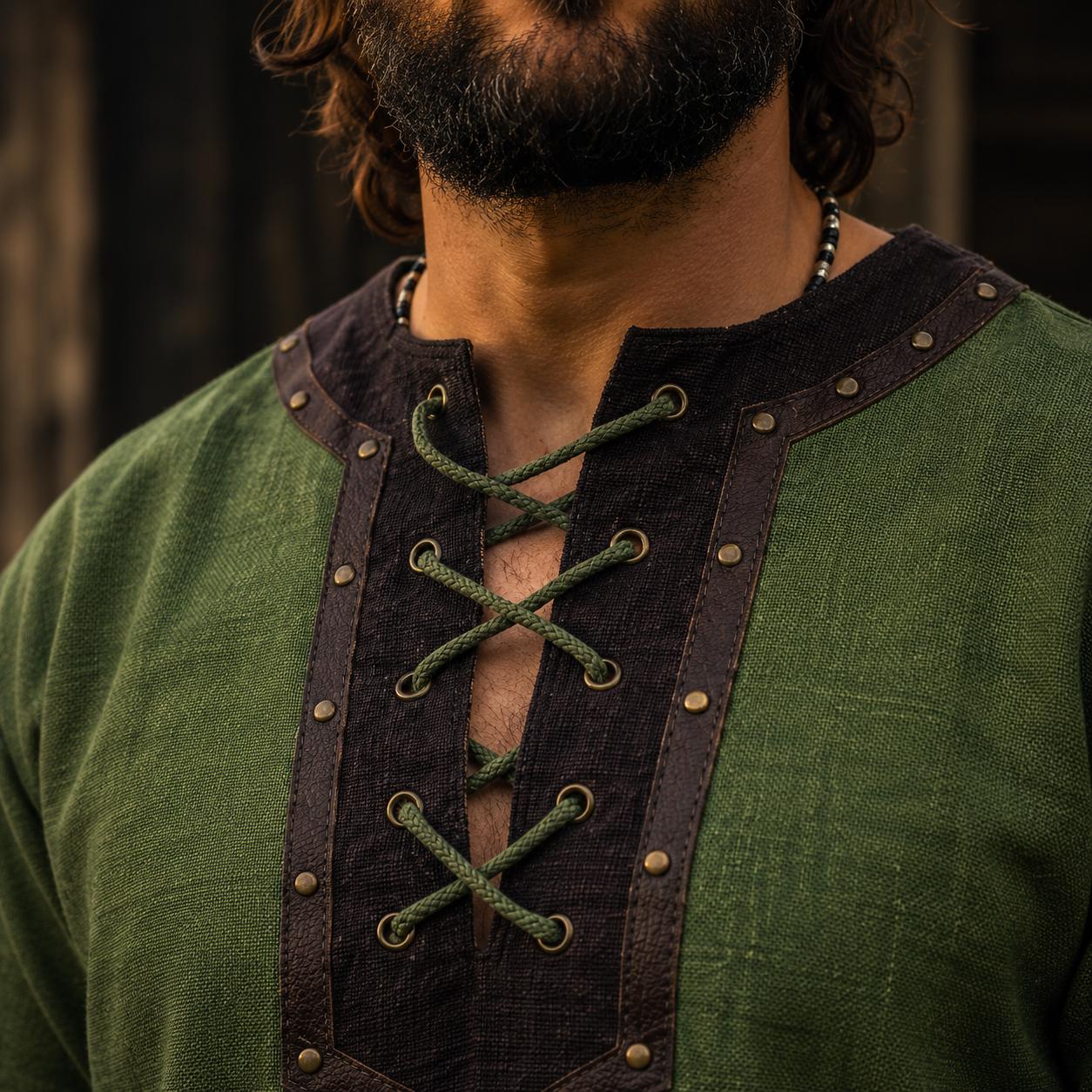 Viking T-Shirt - Green Viking tunic with leather details, Viking tunic for reenactment, LARP, and