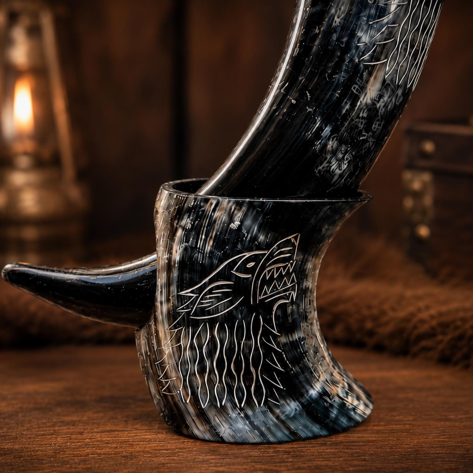 Viking Wolf Mug - Fenrir Wolf Drinking Horn Mug with Stand, Engraved Viking Mead Horn, Handmade