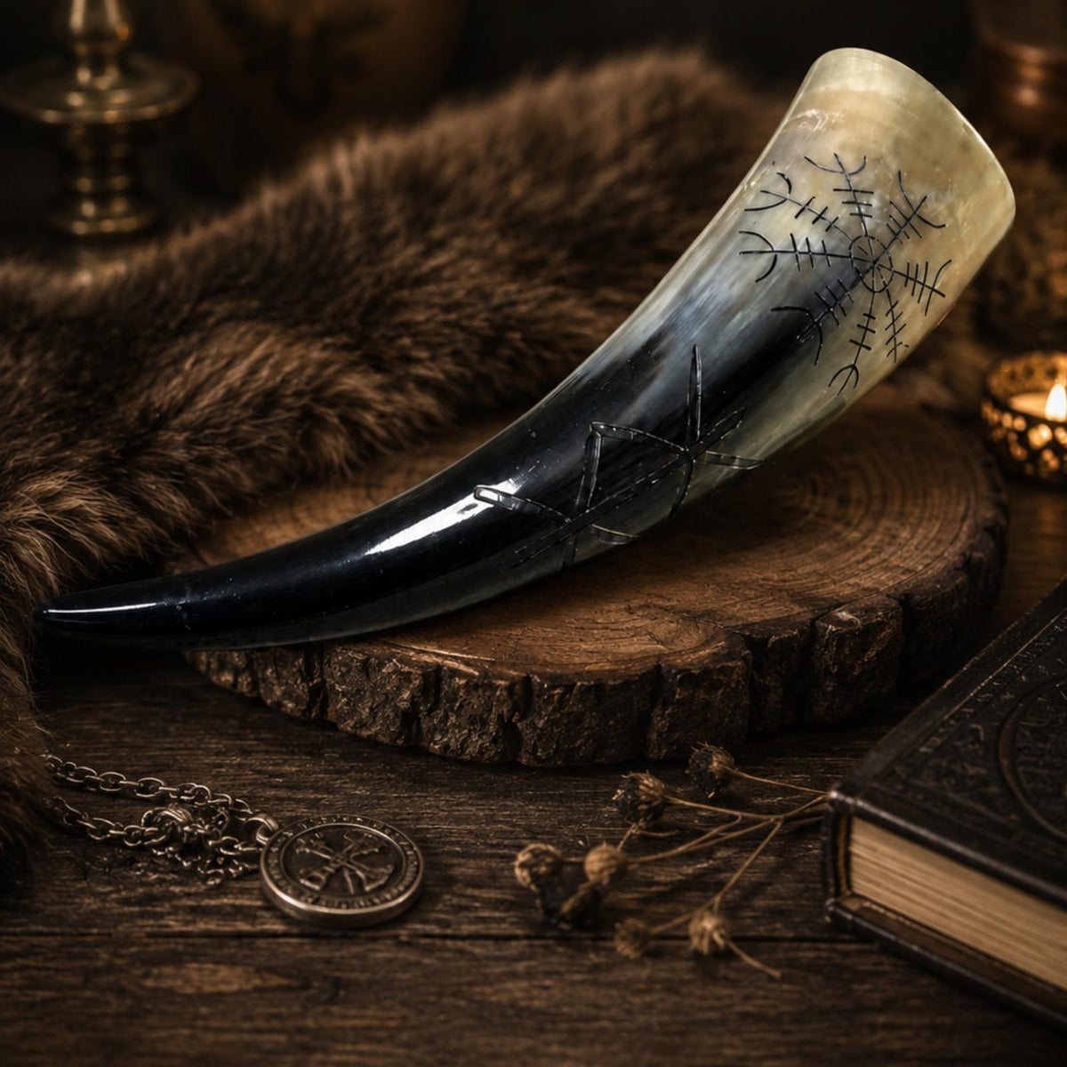 Viking Wolf Mug - Fenrir Wolf Drinking Horn Mug with Stand, Engraved Viking Mead Horn, Handmade