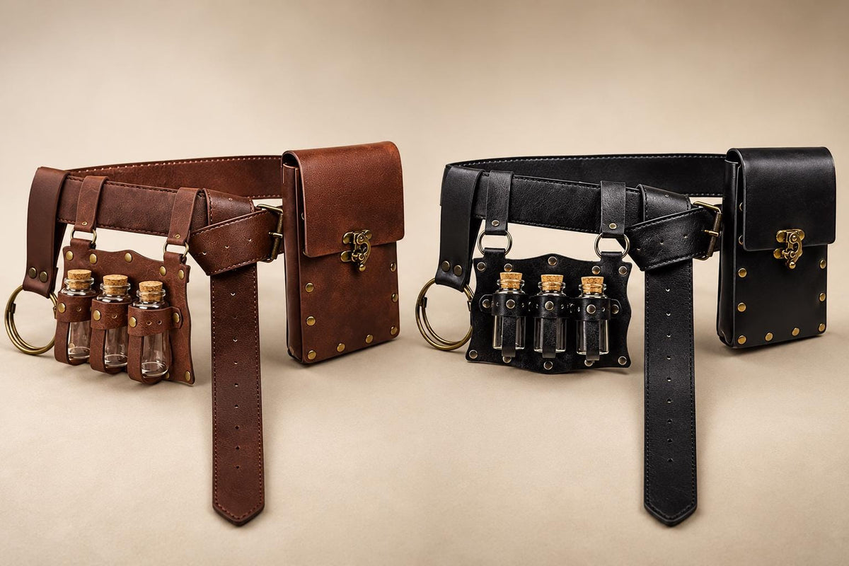Viking Costume & LARP - Handmade Medieval Viking Leather Accessories Set, Genuine Cowhide Belt