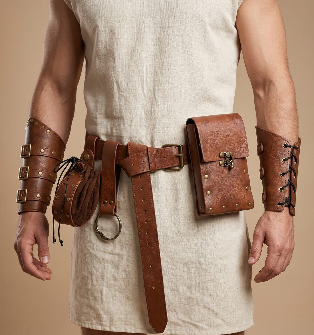 Viking Costume & LARP - Medieval Belt Set, Ren Faire Viking Cosplay Belt, Bracers Bags, Steampunk