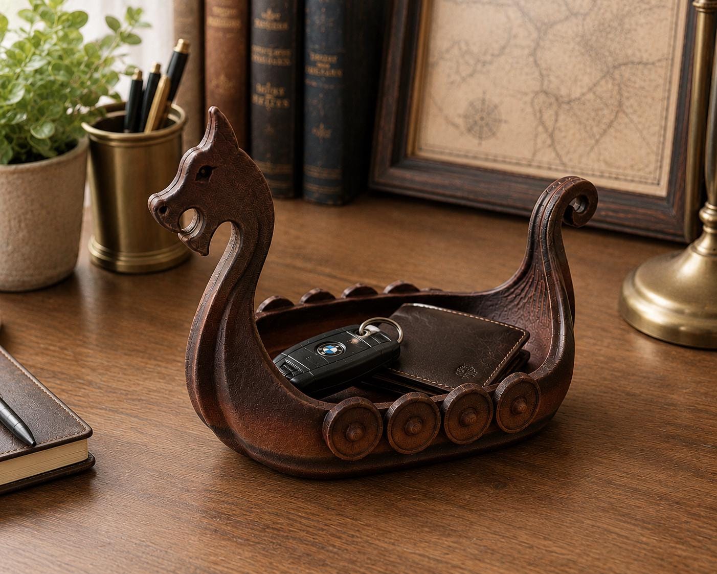 Viking Longship Home Decor - Viking Ship Trinket Tray, Norse Dragon Boat Coin Holder, Desk Organizer